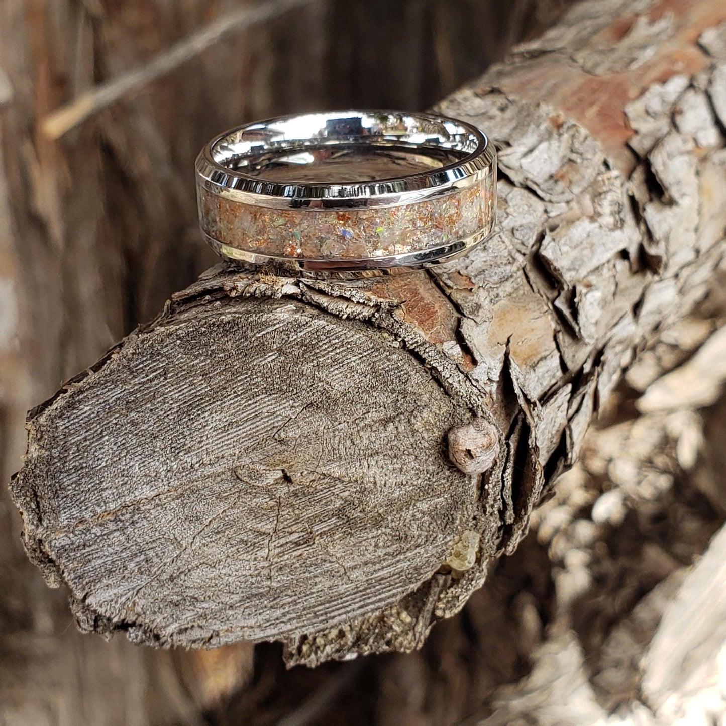 Helios Ring - Sunstone & Opal Crystal Inlay, Tungsten Titanium Ceramic, Men Women, Wedding Ring, His Hers Promise, Engagement Ring 8mm 6mm