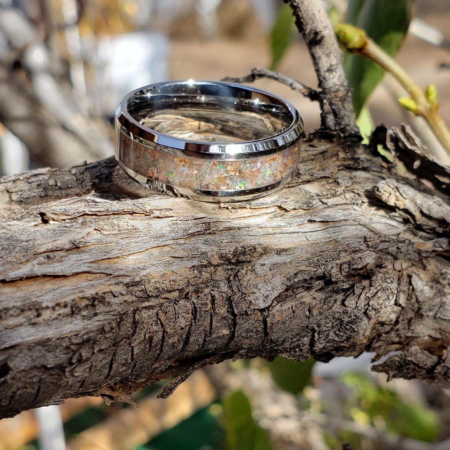 Helios Ring - Sunstone & Opal Crystal Inlay, Tungsten Titanium Ceramic, Men Women, Wedding Ring, His Hers Promise, Engagement Ring 8mm 6mm