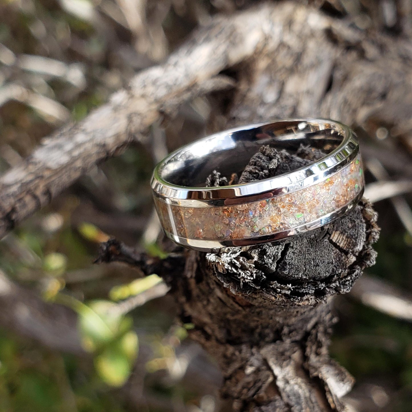 Helios Ring - Sunstone & Opal Crystal Inlay, Tungsten Titanium Ceramic, Men Women, Wedding Ring, His Hers Promise, Engagement Ring 8mm 6mm