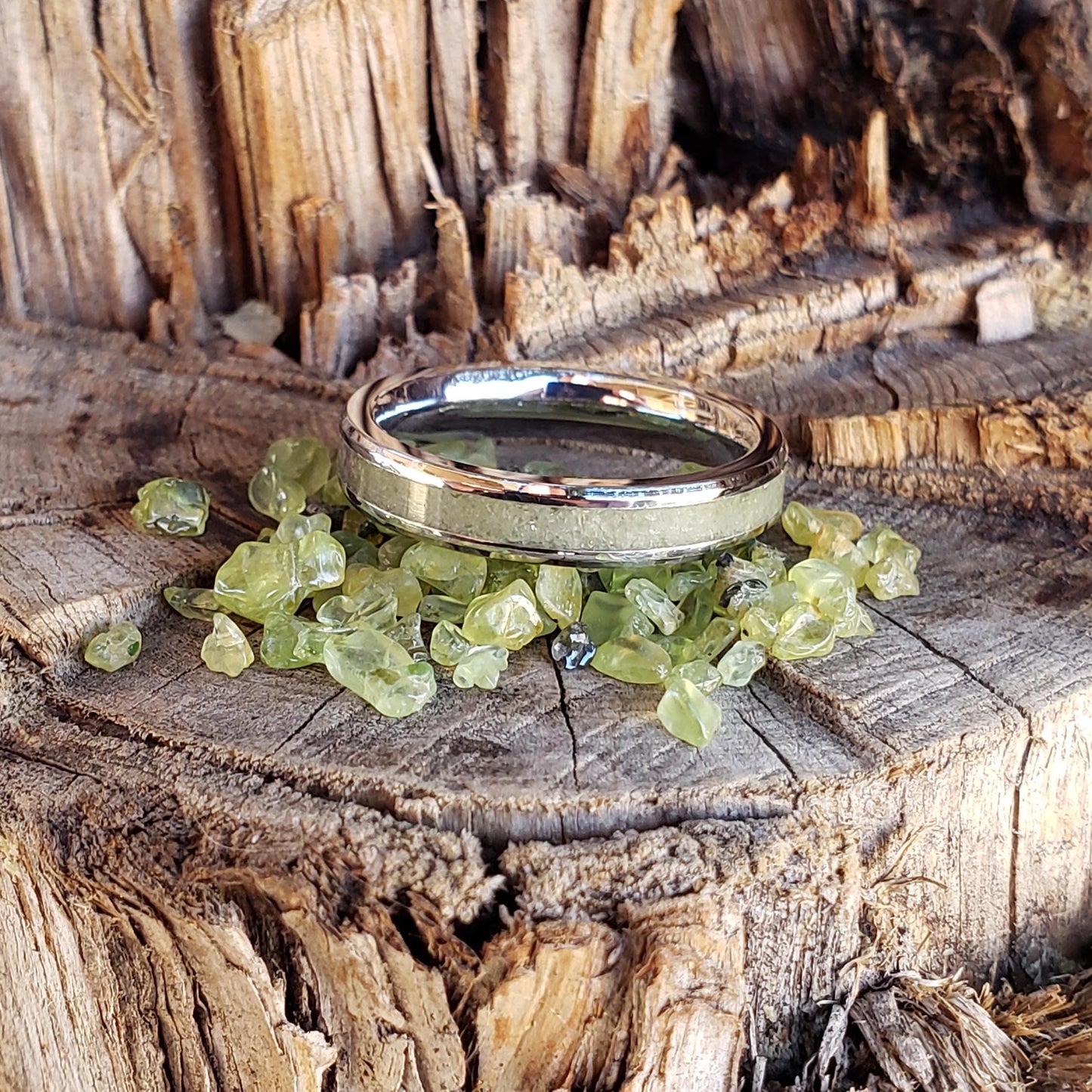 Sun Gem Ring - Peridot Stacking Crystal Inlay, Tungsten Titanium Ceramic, Men Women, Wedding, His Hers Promise, Engagement Ring 4mm