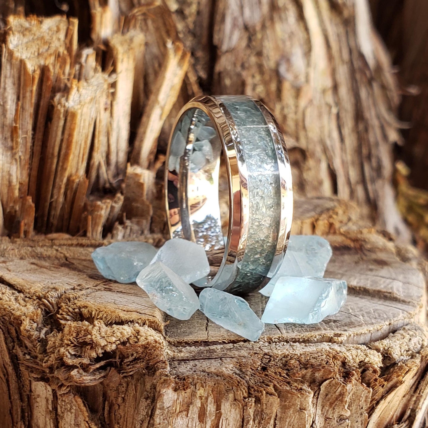 Enchanted Ring - Swiss Blue Topaz Crystal Inlay, Tungsten Titanium Ceramic, Men Women, Wedding Ring, His Hers Promise, Engagement 8mm 6mm
