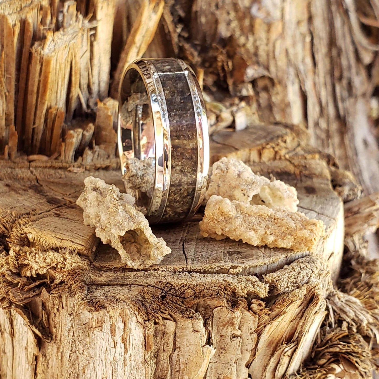 Lightning Ring - Fulgurite Crystal Inlay, Tungsten Titanium Ceramic, Men Women, Wedding Ring, His Hers Promise, Engagement Ring 8mm 6mm