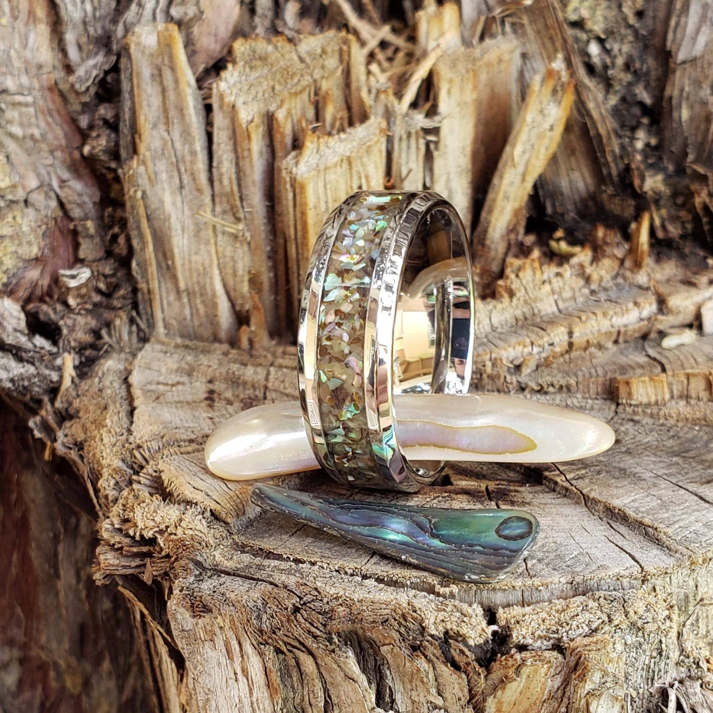 Mermaid Ring - Abalone Shell Inlay, Tungsten Titanium Ceramic, Men Women, Wedding Ring, His Hers Promise, Engagement Ring 8mm 6mm