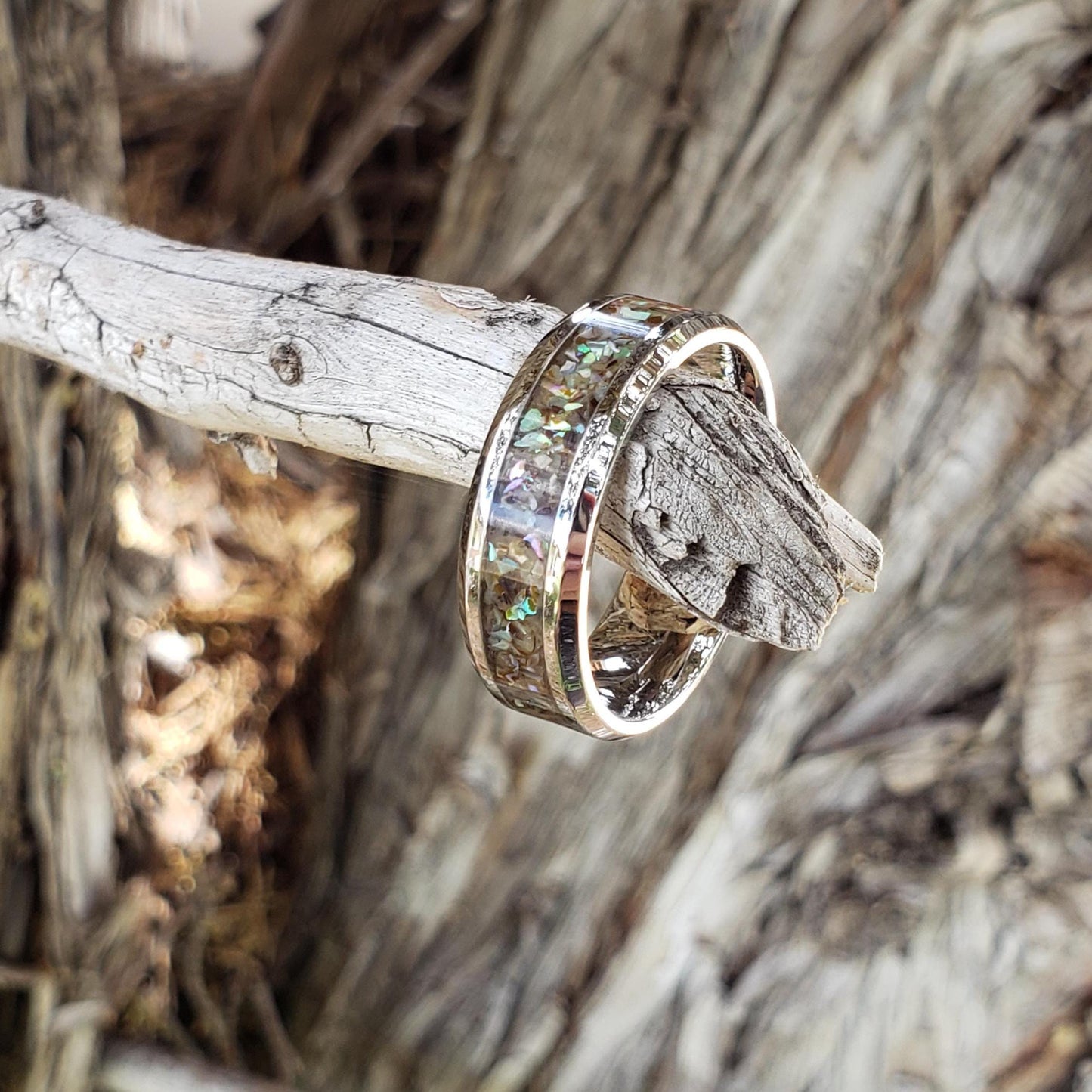 Mermaid Ring - Abalone Shell Inlay, Tungsten Titanium Ceramic, Men Women, Wedding Ring, His Hers Promise, Engagement Ring 8mm 6mm