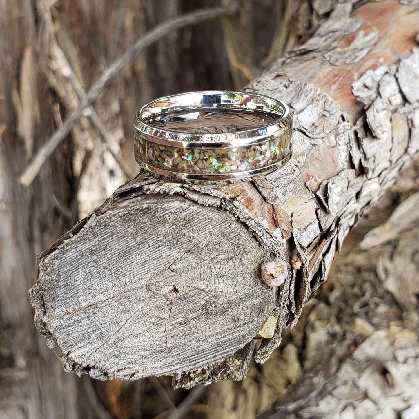Mermaid Ring - Abalone Shell Inlay, Tungsten Titanium Ceramic, Men Women, Wedding Ring, His Hers Promise, Engagement Ring 8mm 6mm
