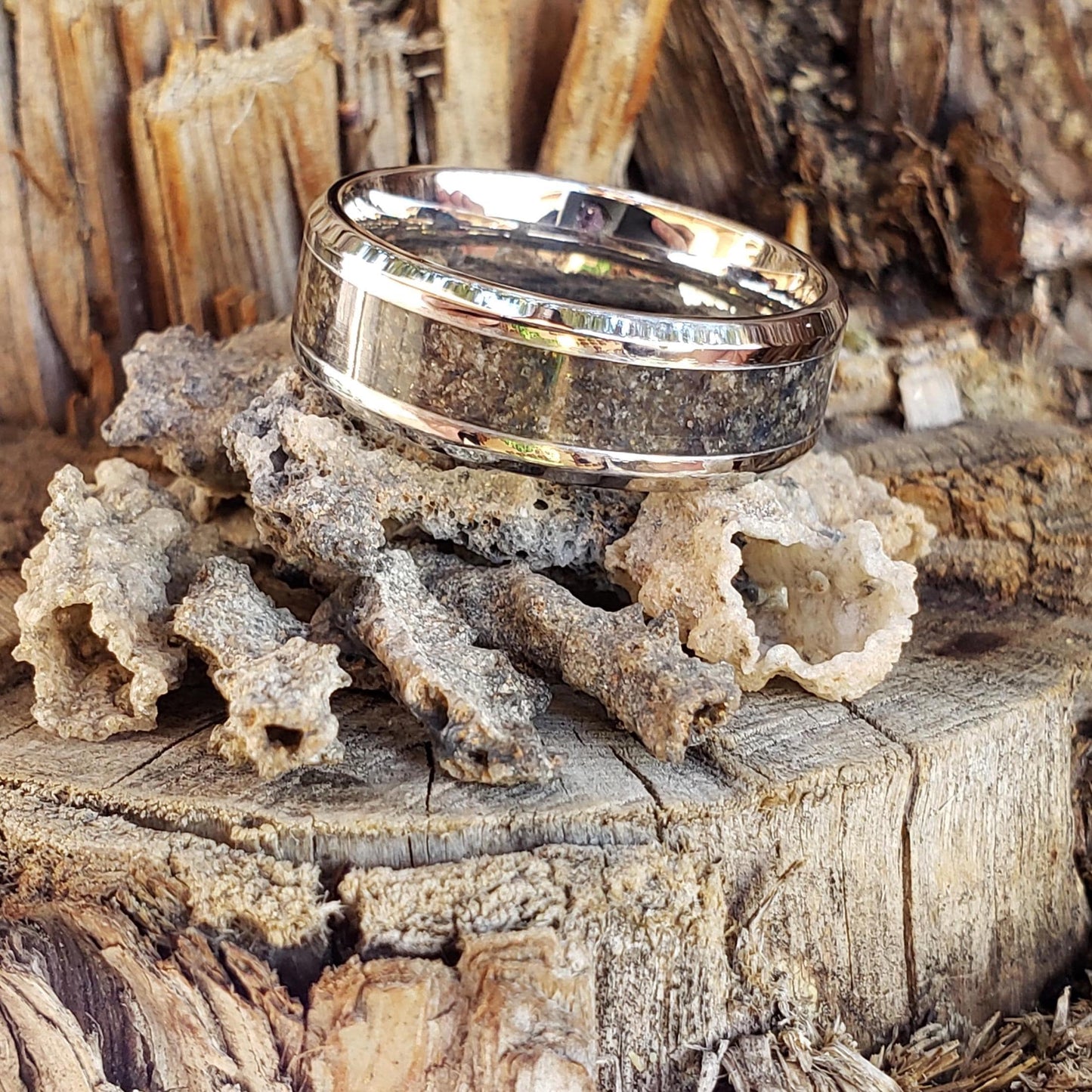 Lightning Ring - Fulgurite Crystal Inlay, Tungsten Titanium Ceramic, Men Women, Wedding Ring, His Hers Promise, Engagement Ring 8mm 6mm