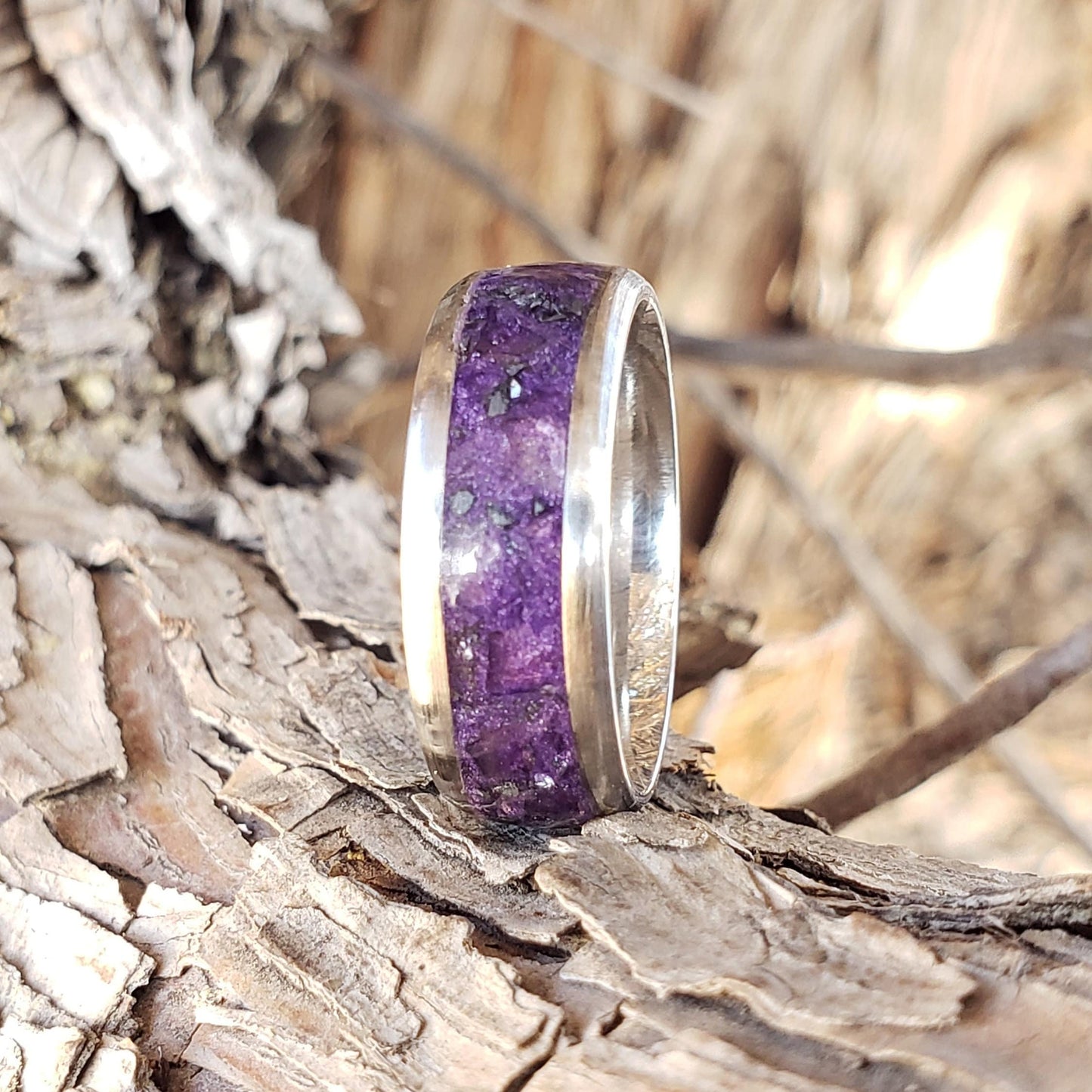 Purple Galaxy - Amethyst & Galena Crystal Inlay with Titanium, Tungsten Band, 8mm, Light or Dark Amethyst