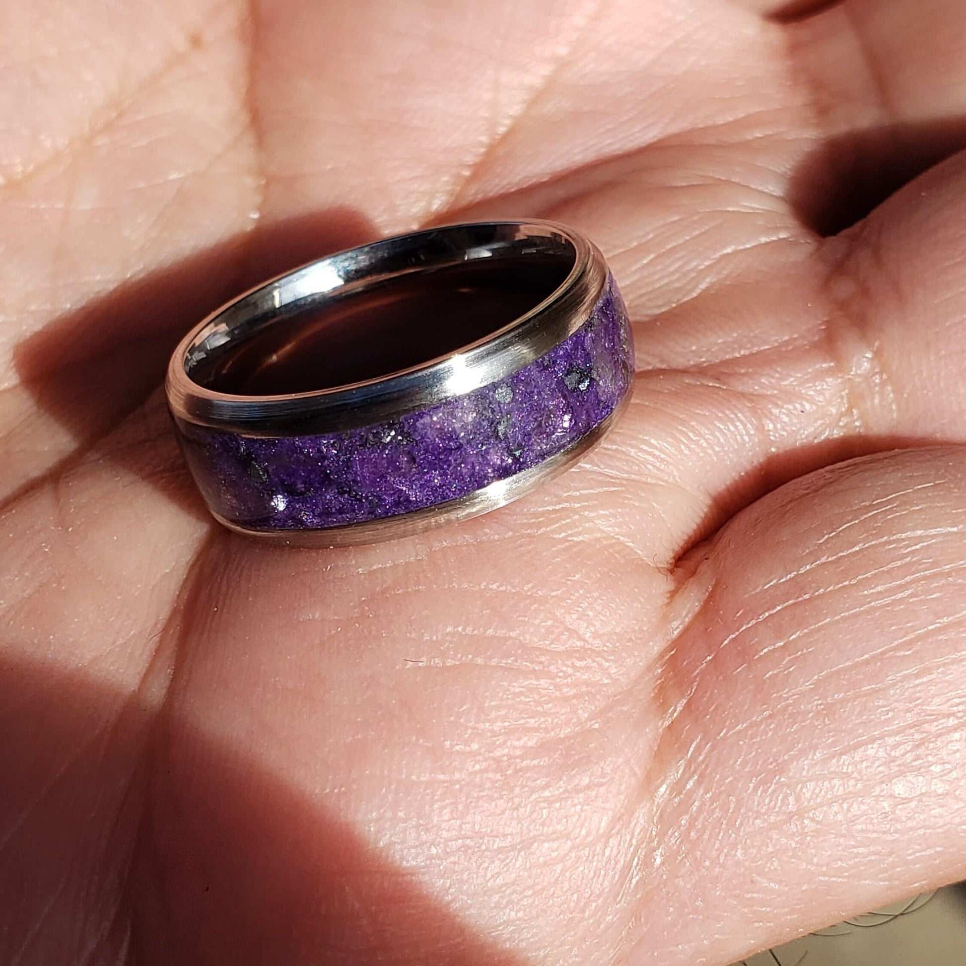 Purple Galaxy - Amethyst & Galena Crystal Inlay with Titanium, Tungsten Band, 8mm, Light or Dark Amethyst
