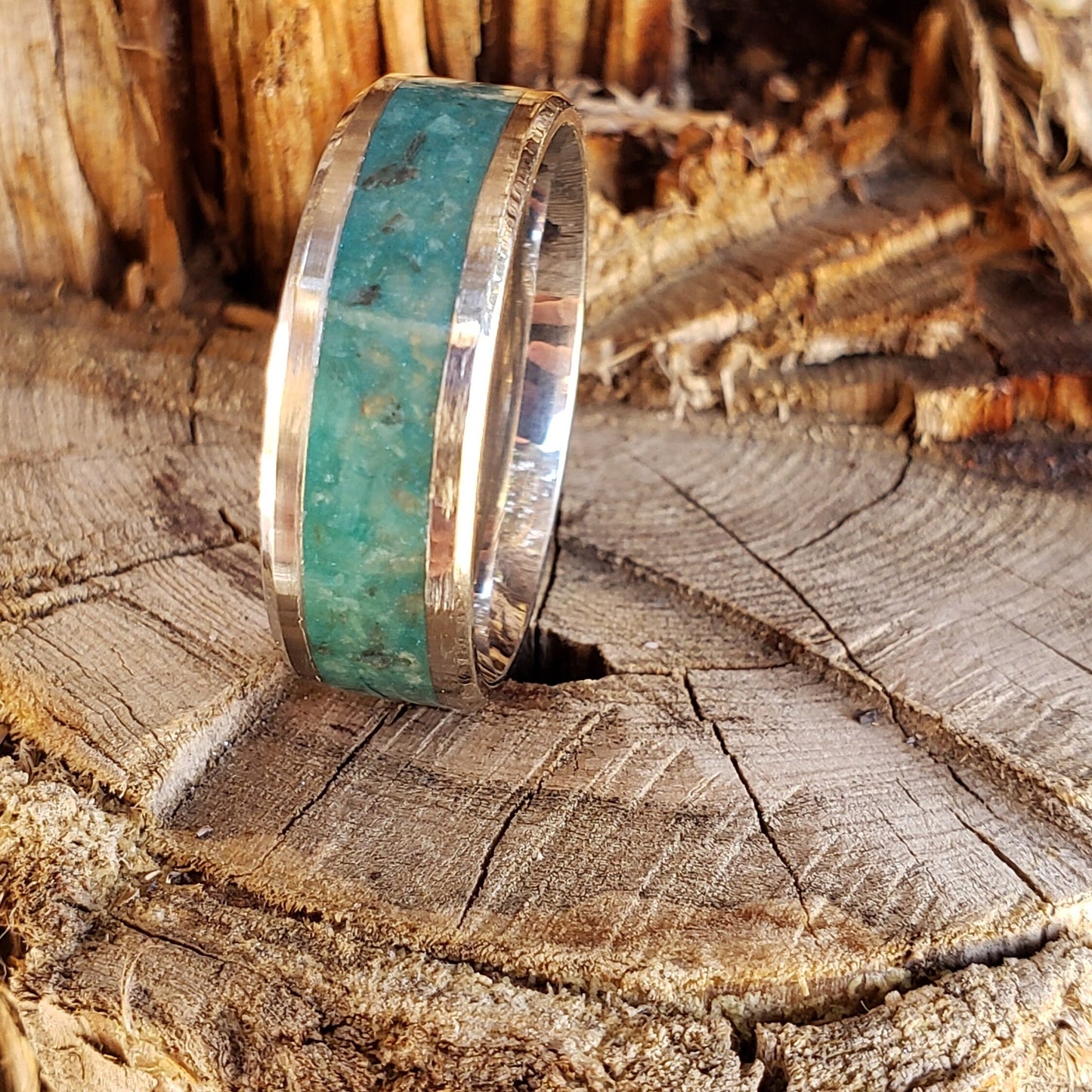 River Mist Ring - Amazonite & Smoky Quartz Crystal Inlay with Titanium, Tungsten Band, 8mm