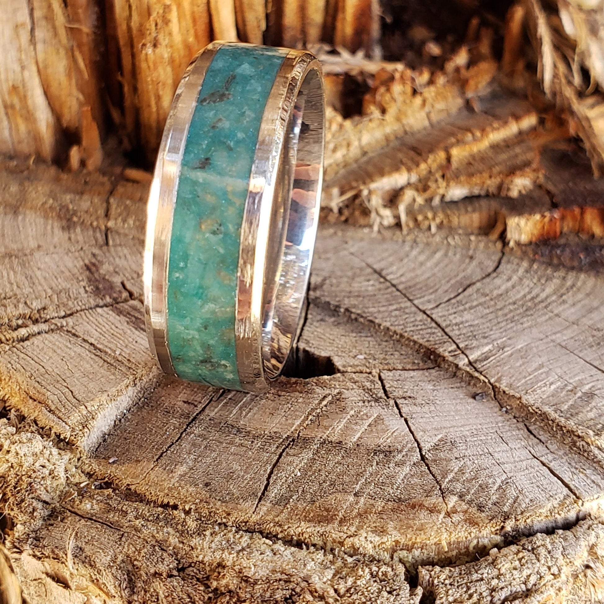 River Mist Ring - Amazonite & Smoky Quartz Crystal Inlay with Titanium, Tungsten Band, 8mm