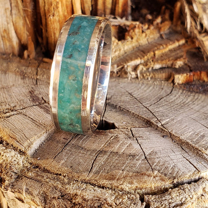 River Mist Ring - Amazonite & Smoky Quartz Crystal Inlay with Titanium, Tungsten Band, 8mm