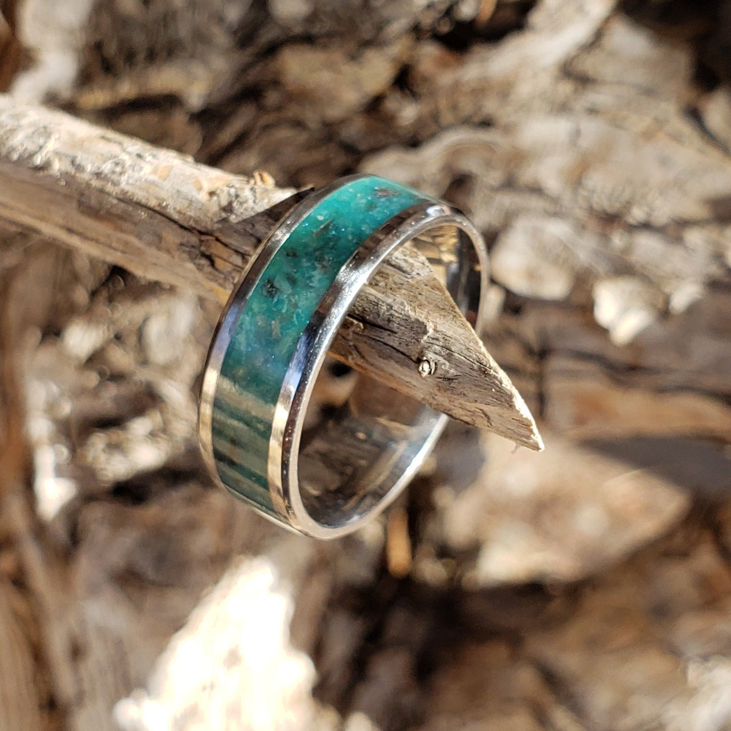 River Mist Ring - Amazonite & Smoky Quartz Crystal Inlay with Titanium, Tungsten Band, 8mm