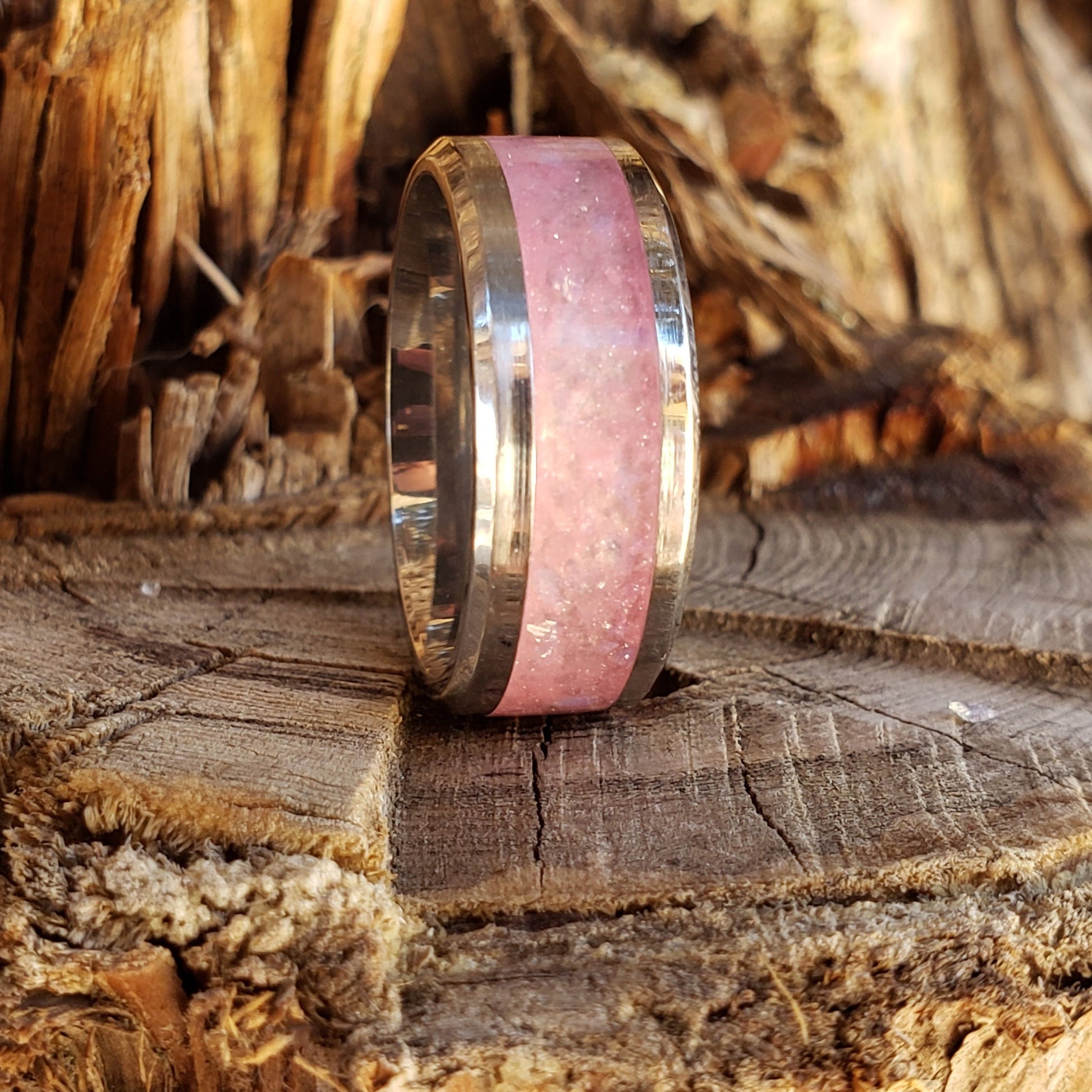 Sweet Tooth Glow Ring - Rose Quartz & Opalite Crystal Inlay with Titanium, Tungsten, Black Ceramic, White Ceramic Band, 8mm