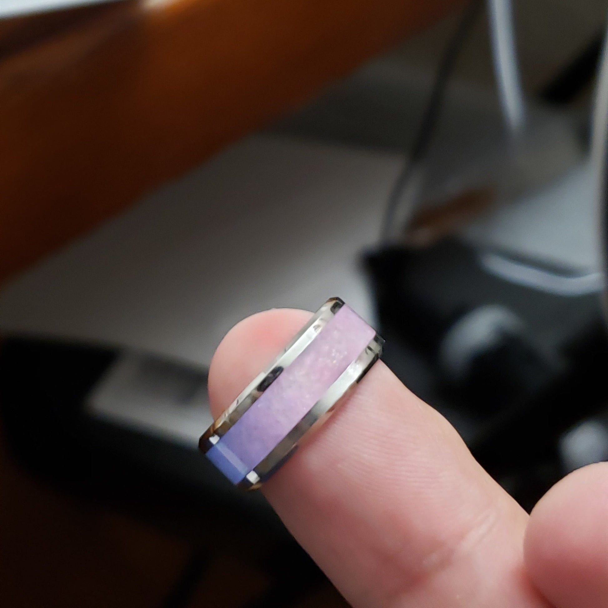 Sweet Tooth Glow Ring - Rose Quartz & Opalite Crystal Inlay with Titanium, Tungsten, Black Ceramic, White Ceramic Band, 8mm