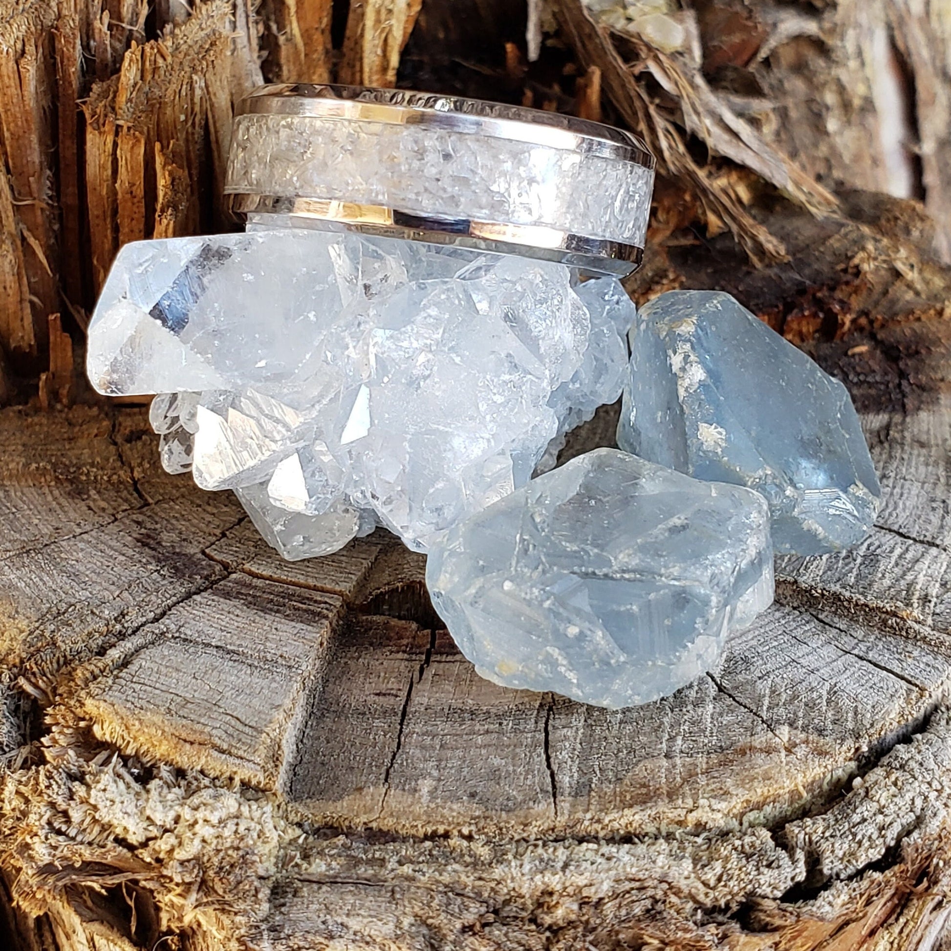 Blue Ice Ring - Celestite Crystal Inlay with Titanium, Tungsten, Black Ceramic, White Ceramic Band, 8mm