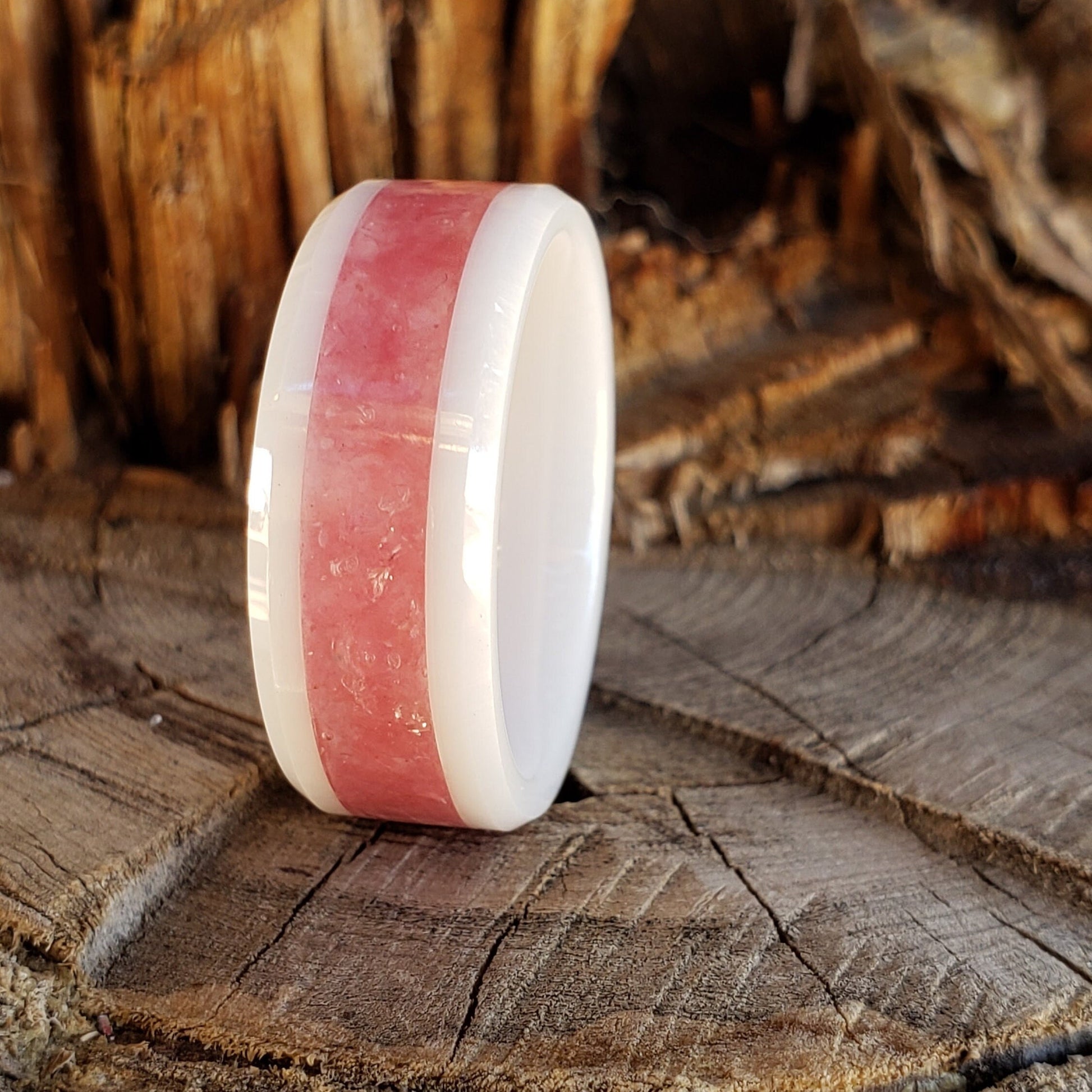 Cherry Bomb Ring - Cherry Quartz Crystal Inlay with Titanium, Tungsten, Black & White Ceramic Band, 8mm