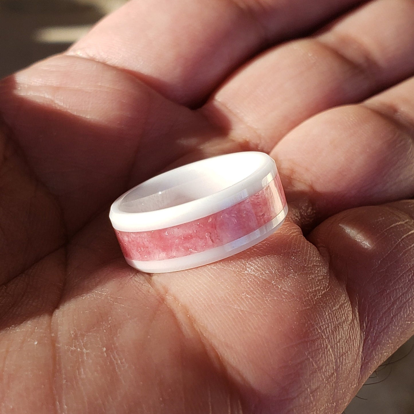 Cherry Bomb Ring - Cherry Quartz Crystal Inlay with Titanium, Tungsten, Black & White Ceramic Band, 8mm