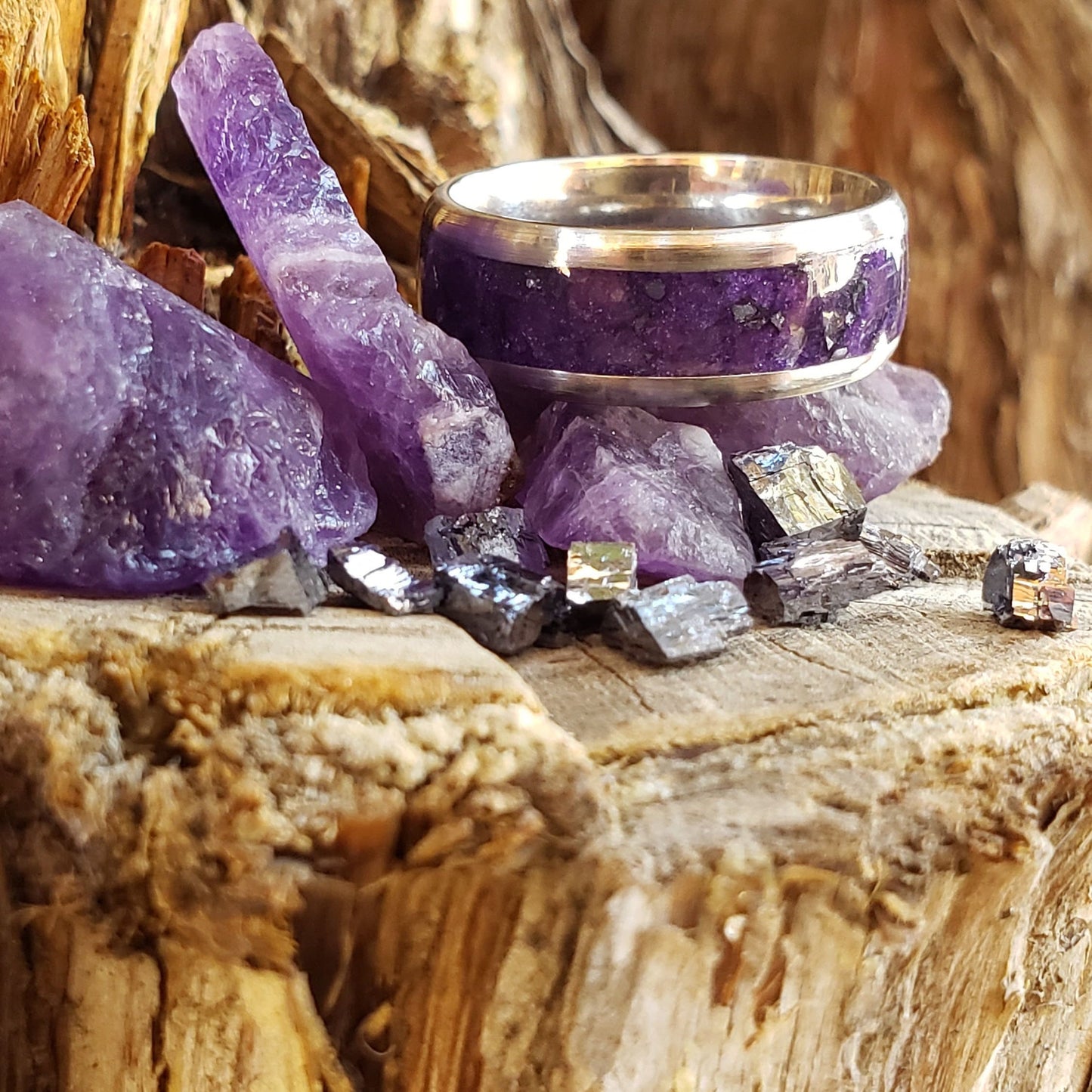 Purple Galaxy - Amethyst & Galena Crystal Inlay with Titanium, Tungsten Band, 8mm, Light or Dark Amethyst