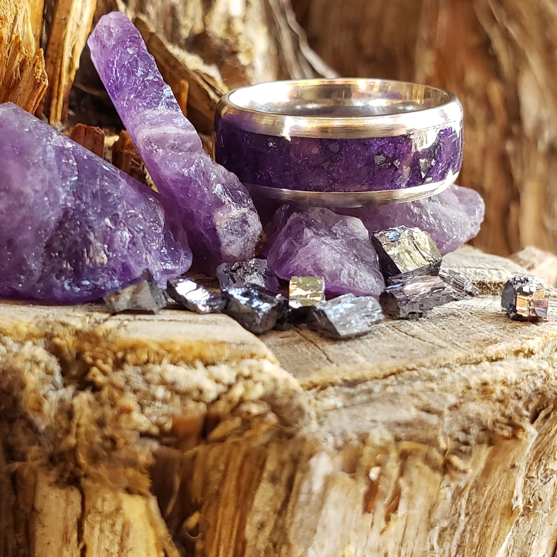 Purple Galaxy - Amethyst & Galena Crystal Inlay with Titanium, Tungsten Band, 8mm, Light or Dark Amethyst