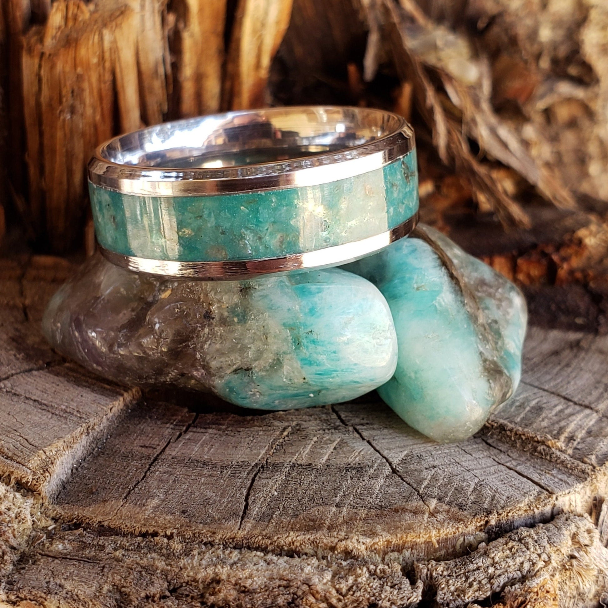 River Mist Ring - Amazonite & Smoky Quartz Crystal Inlay with Titanium, Tungsten Band, 8mm