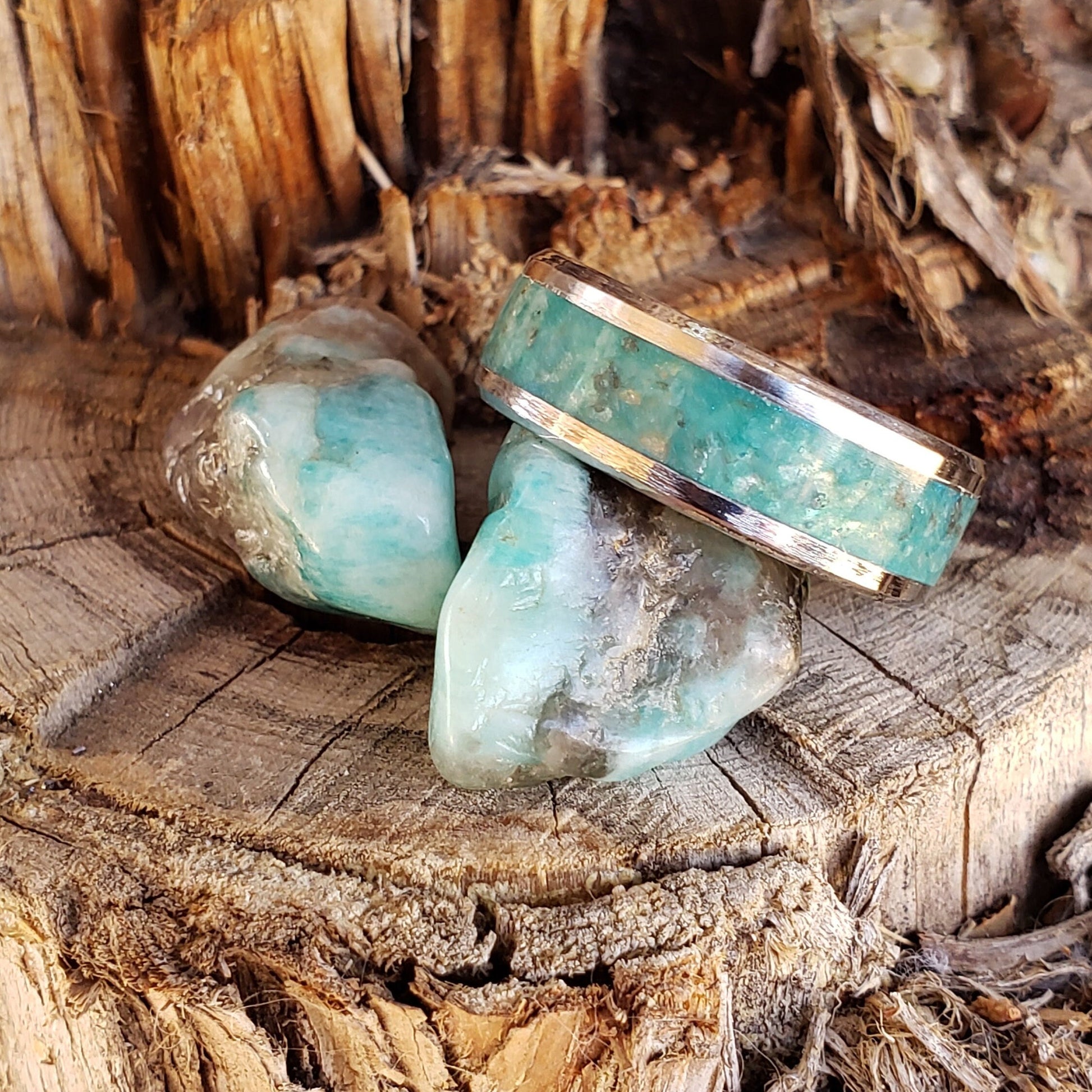 River Mist Ring - Amazonite & Smoky Quartz Crystal Inlay with Titanium, Tungsten Band, 8mm