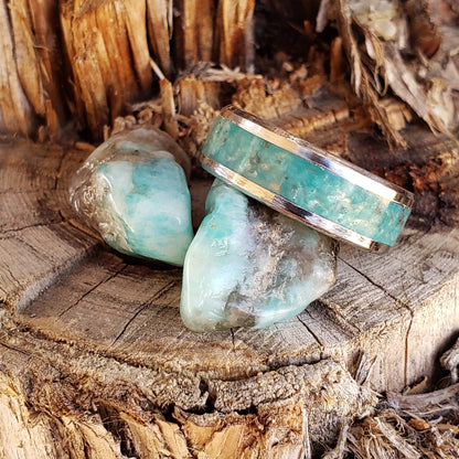 River Mist Ring - Amazonite & Smoky Quartz Crystal Inlay with Titanium, Tungsten Band, 8mm