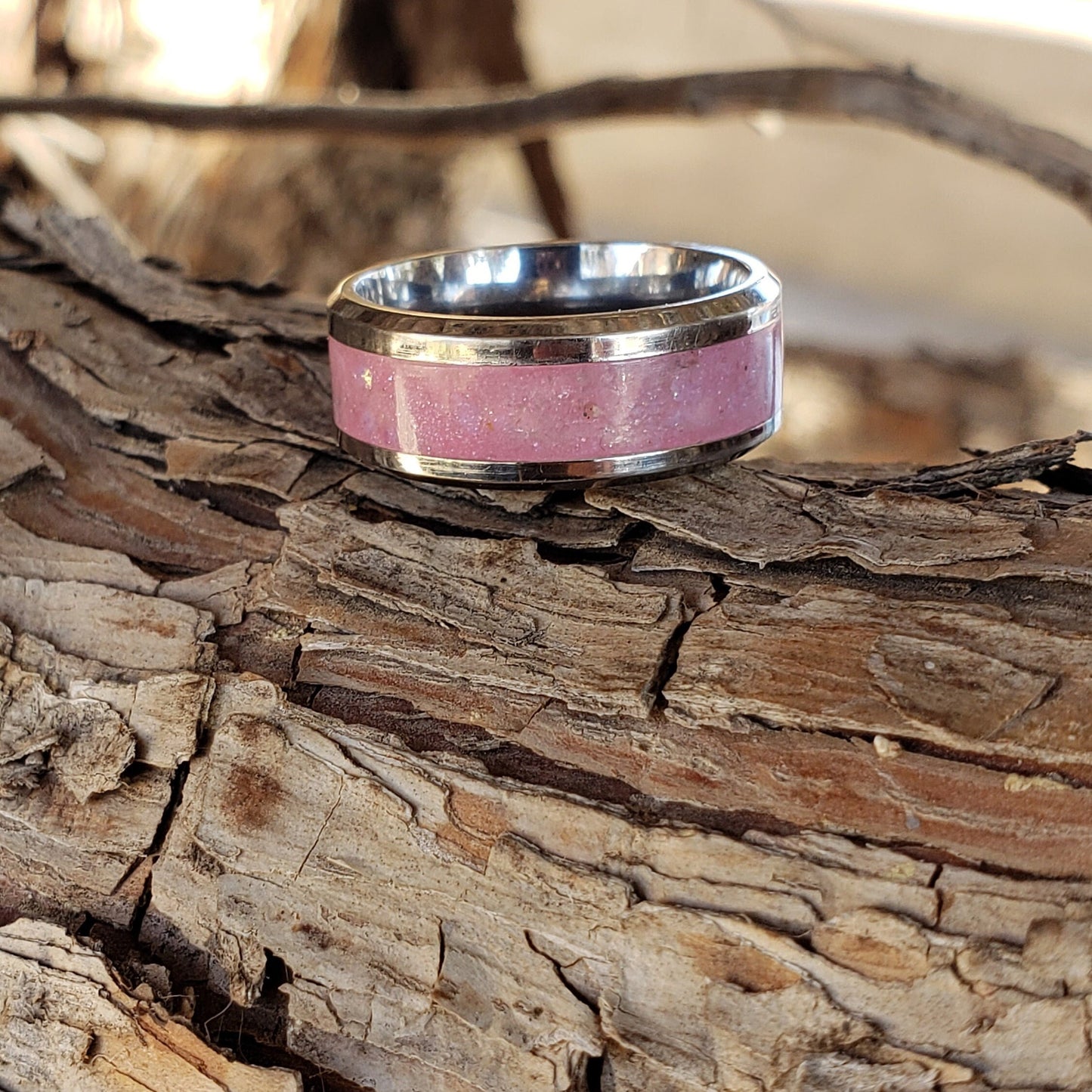 Sweet Tooth Glow Ring - Rose Quartz & Opalite Crystal Inlay with Titanium, Tungsten, Black Ceramic, White Ceramic Band, 8mm