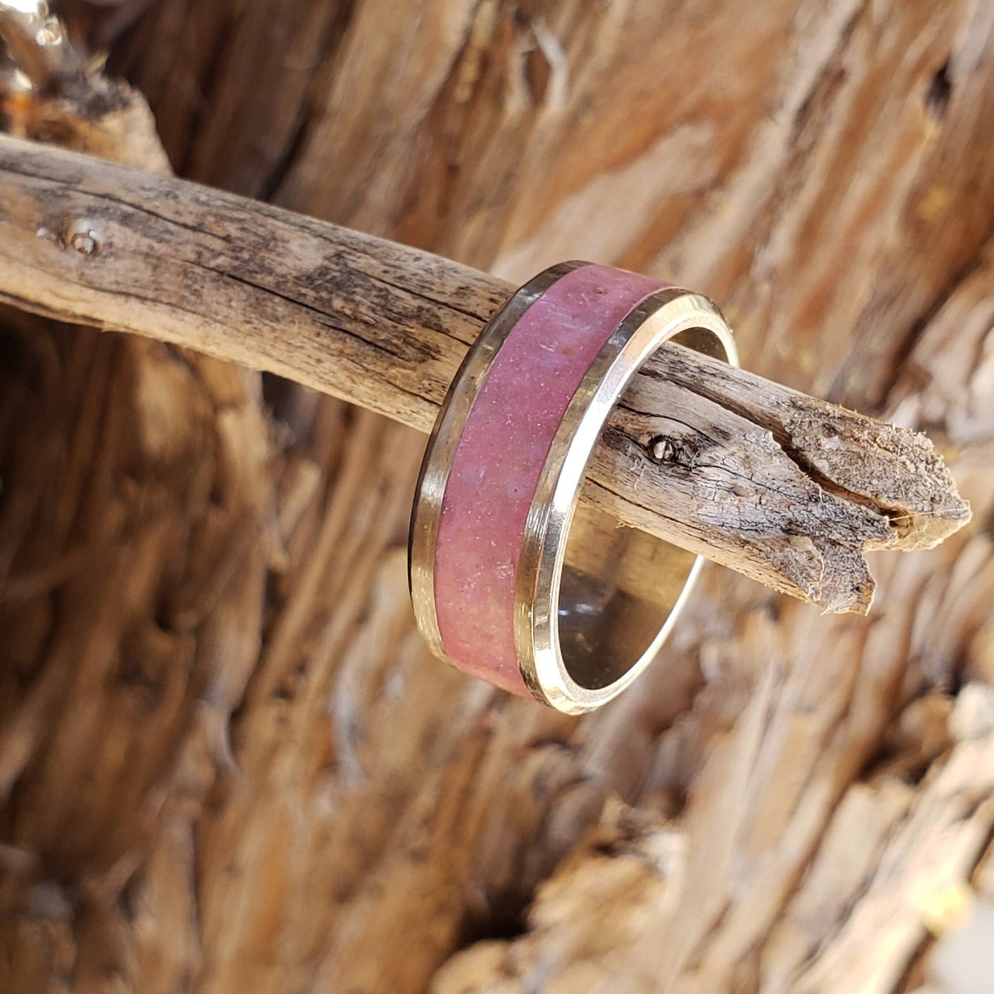 Sweet Tooth Glow Ring - Rose Quartz & Opalite Crystal Inlay with Titanium, Tungsten, Black Ceramic, White Ceramic Band, 8mm