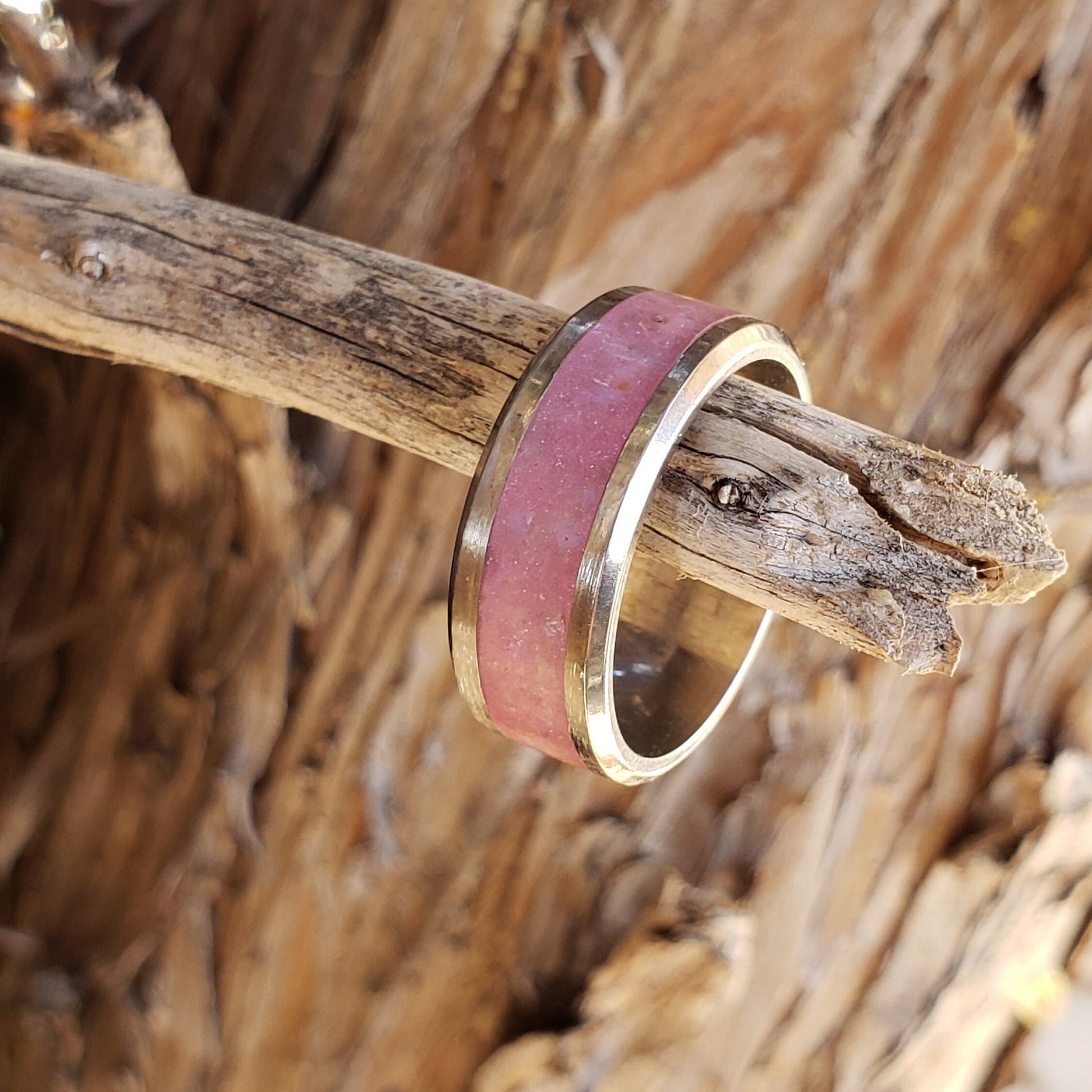 Sweet Tooth Glow Ring - Rose Quartz & Opalite Crystal Inlay with Titanium, Tungsten, Black Ceramic, White Ceramic Band, 8mm