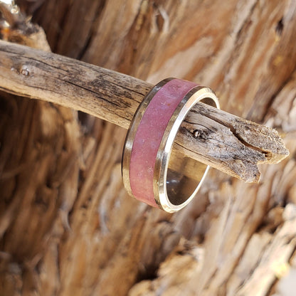 Sweet Tooth Glow Ring - Rose Quartz & Opalite Crystal Inlay with Titanium, Tungsten, Black Ceramic, White Ceramic Band, 8mm