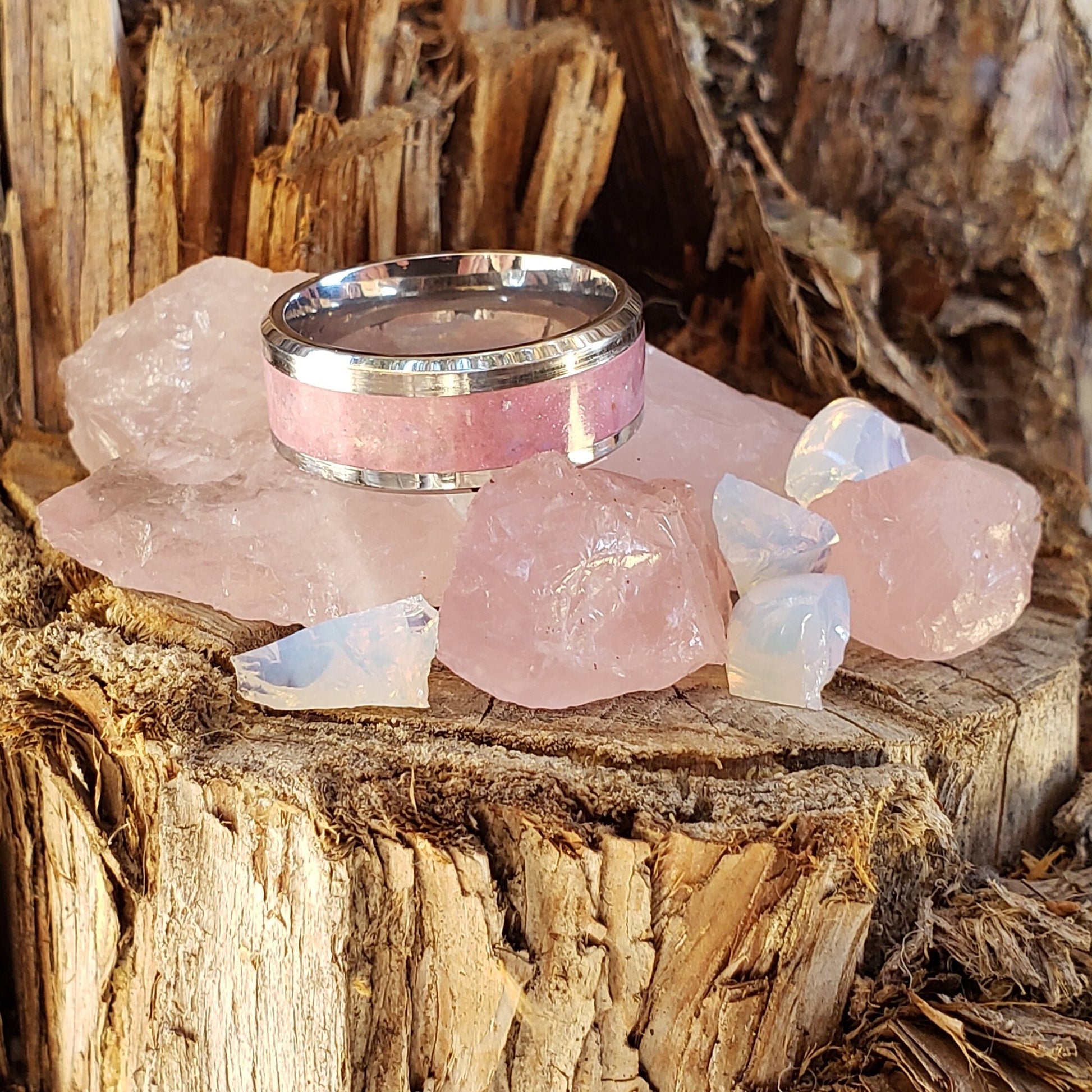 Sweet Tooth Glow Ring - Rose Quartz & Opalite Crystal Inlay with Titanium, Tungsten, Black Ceramic, White Ceramic Band, 8mm
