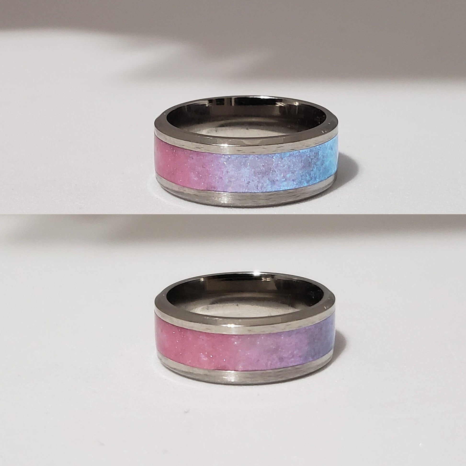 Sweet Tooth Glow Ring - Rose Quartz & Opalite Crystal Inlay with Titanium, Tungsten, Black Ceramic, White Ceramic Band, 8mm