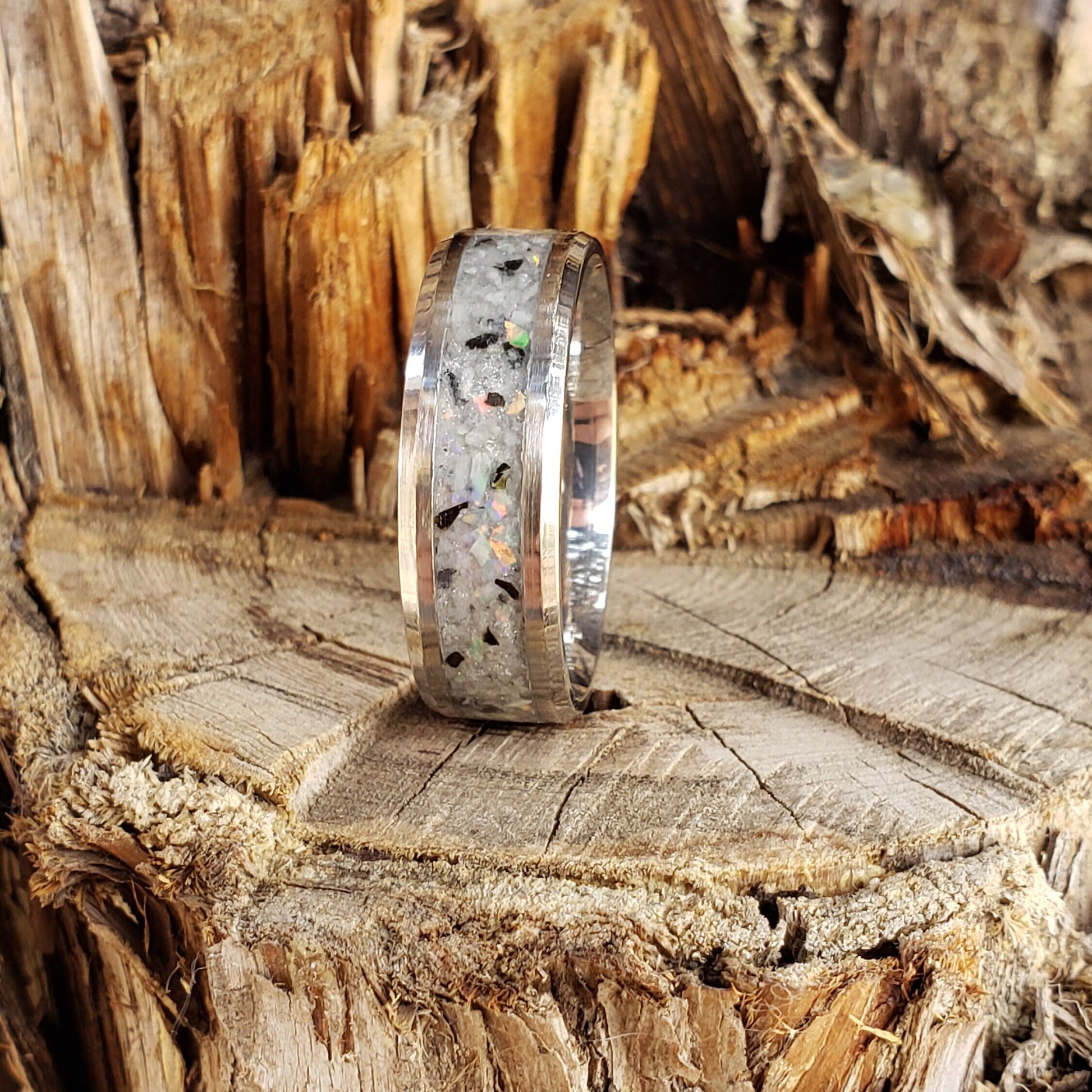 Moondust Ring - Rainbow Moonstone & Opal Crystal Inlay with Titanium, Tungsten, Black Ceramic, White Ceramic Band, 8mm