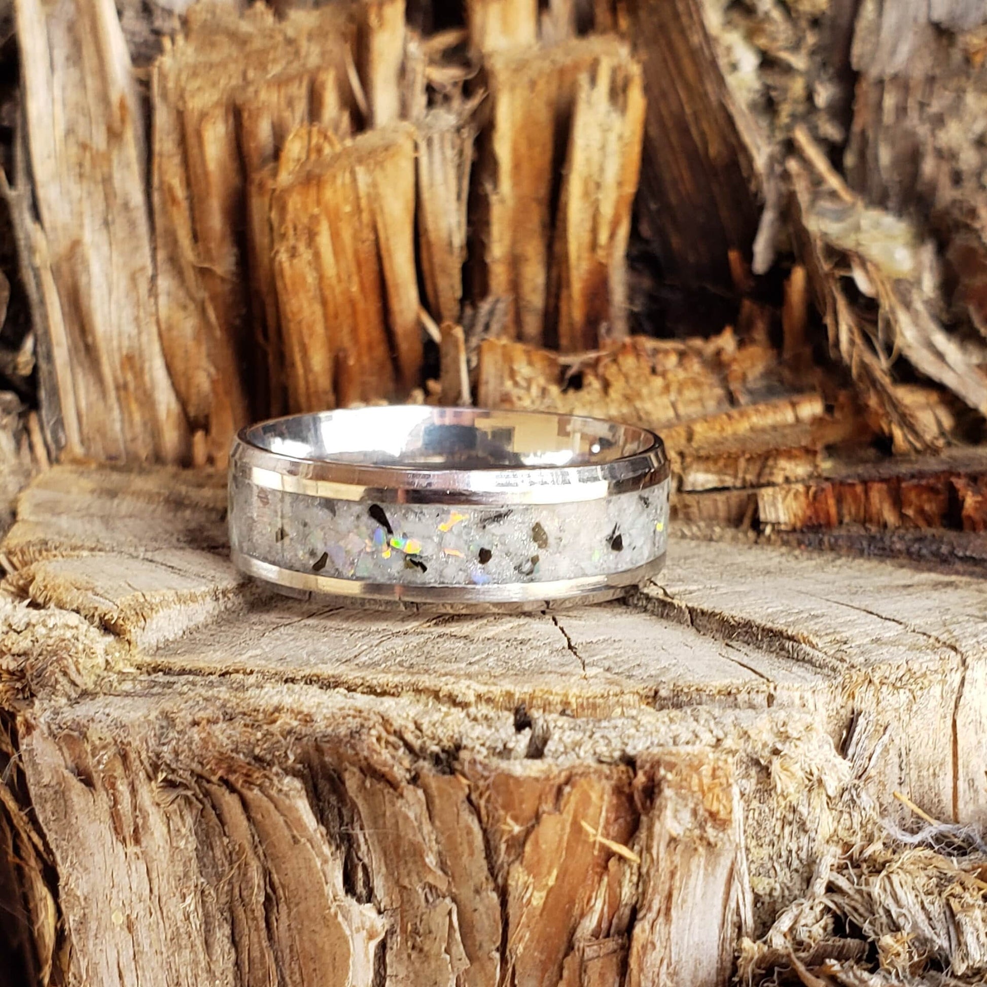 Moondust Ring - Rainbow Moonstone & Opal Crystal Inlay with Titanium, Tungsten, Black Ceramic, White Ceramic Band, 8mm