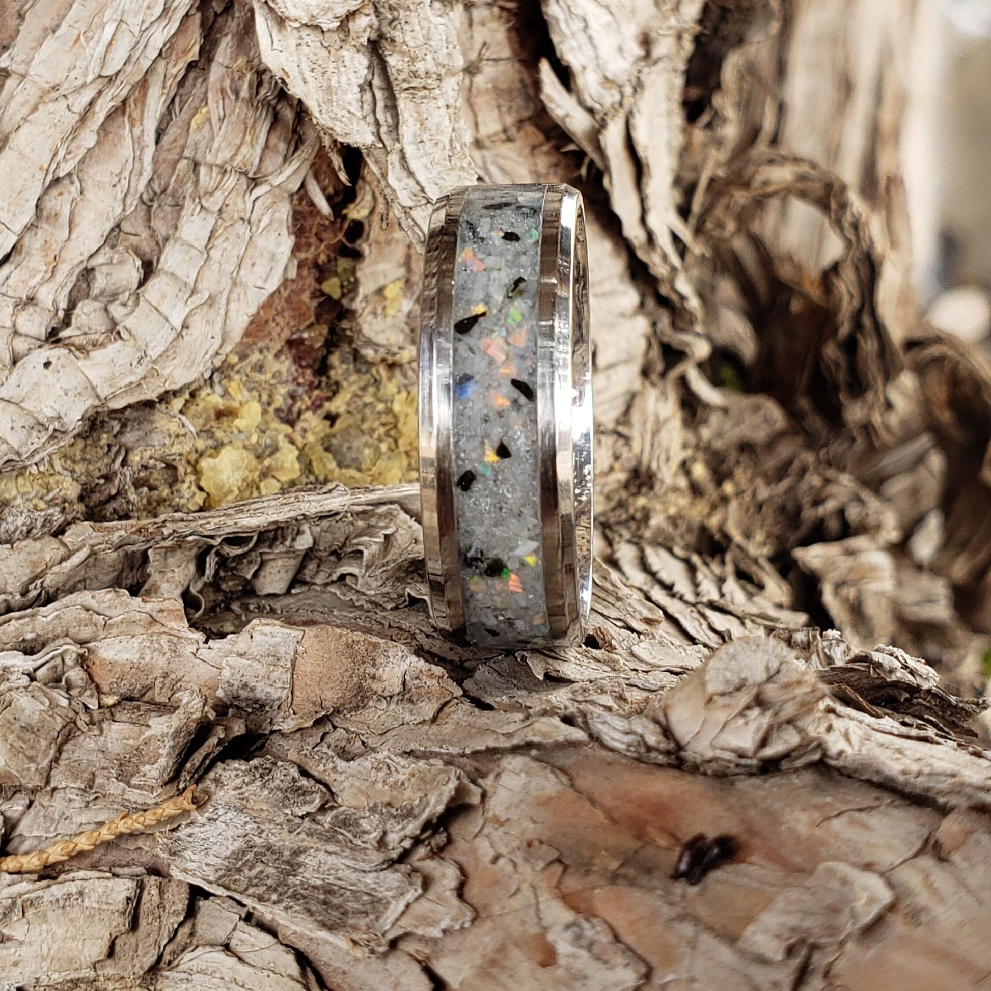 Moondust Ring - Rainbow Moonstone & Opal Crystal Inlay with Titanium, Tungsten, Black Ceramic, White Ceramic Band, 8mm