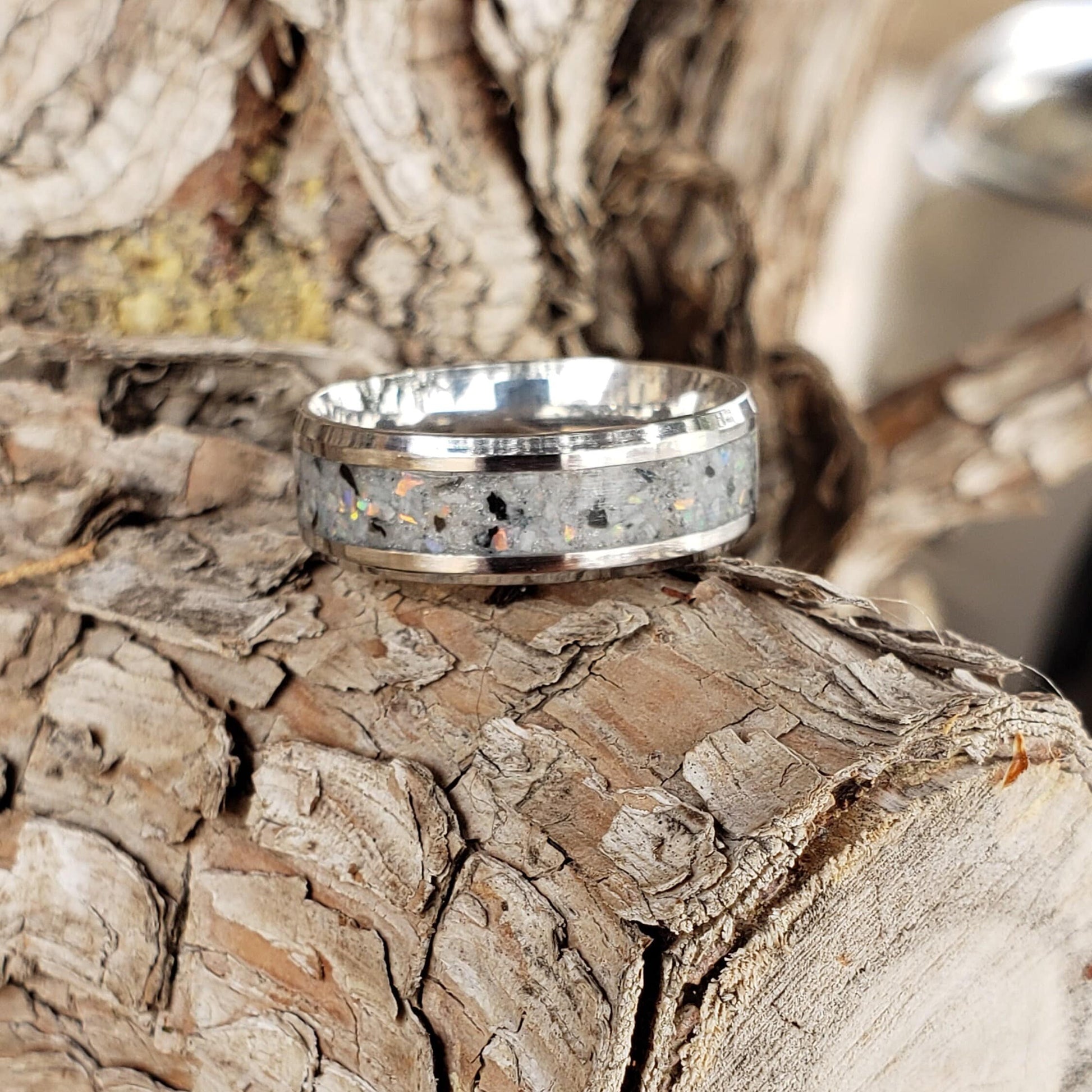 Moondust Ring - Rainbow Moonstone & Opal Crystal Inlay with Titanium, Tungsten, Black Ceramic, White Ceramic Band, 8mm