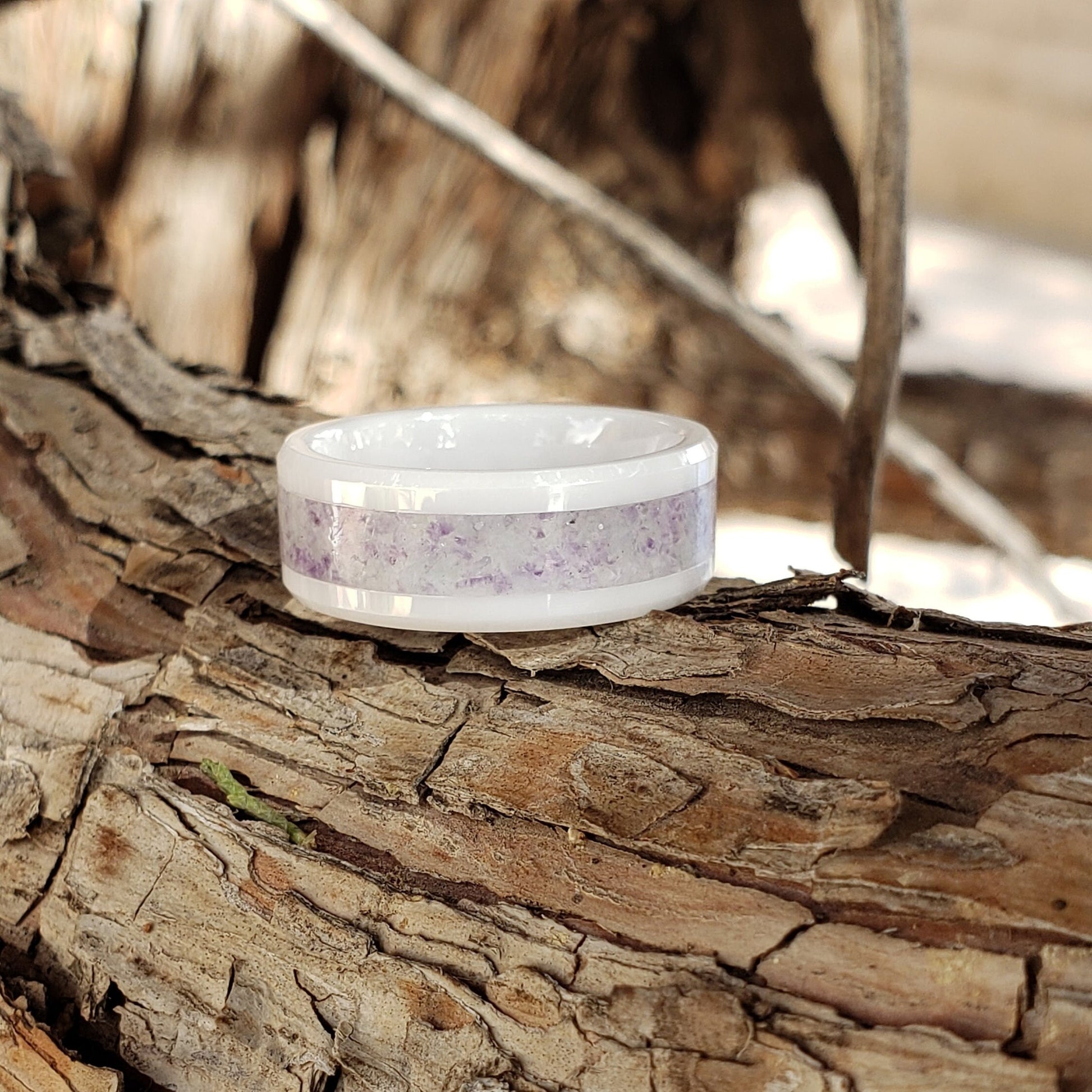 Rainbow Fluorite Crystal Inlay with Titanium, Tungsten, Black Ceramic, White Ceramic Band, 8mm