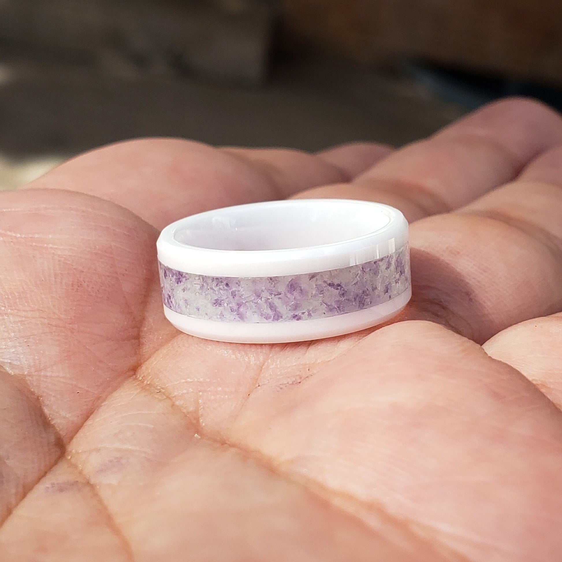 Rainbow Fluorite Crystal Inlay with Titanium, Tungsten, Black Ceramic, White Ceramic Band, 8mm