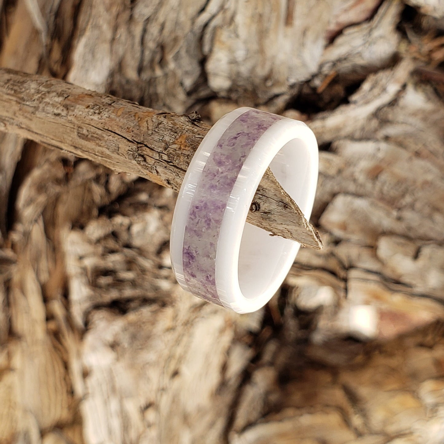 Rainbow Fluorite Crystal Inlay with Titanium, Tungsten, Black Ceramic, White Ceramic Band, 8mm