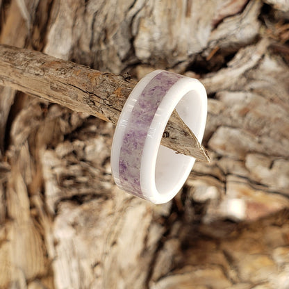Rainbow Fluorite Crystal Inlay with Titanium, Tungsten, Black Ceramic, White Ceramic Band, 8mm