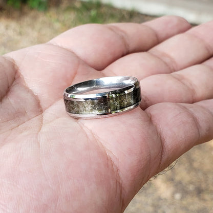 Moldavite Crystal Inlay Ring, Tungsten Carbide Titanium, Men & Women, Wedding Ring, His Hers Promise Ring, Engagement Ring