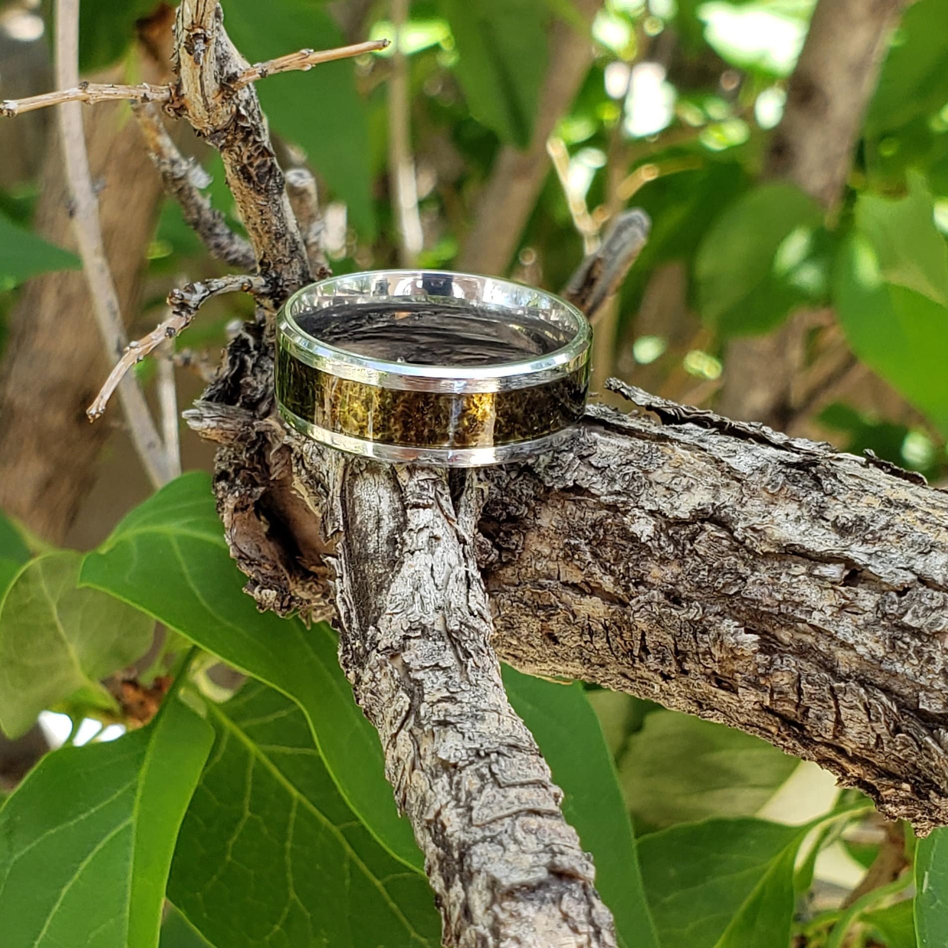Tektite Crystal Inlay Ring, Tungsten Carbide Titanium Ceramic, Men & Women, Wedding Ring, His Hers Promise Ring, Engagement Ring, 8mm