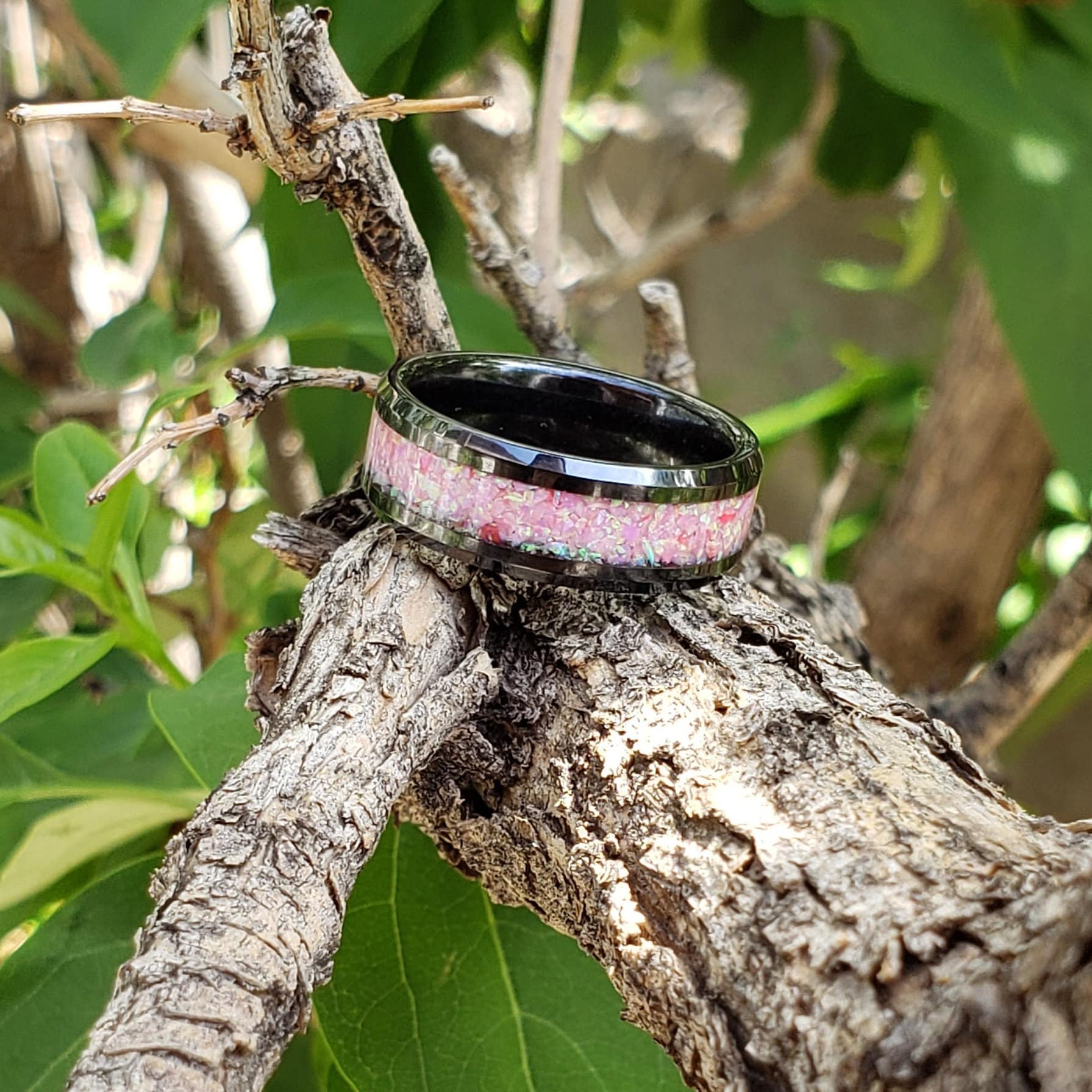 Pink Dream Opal Crystal Inlay Ring, Ceramic Band, Men & Women, Wedding Ring, His Hers Promise Ring, Engagement Ring