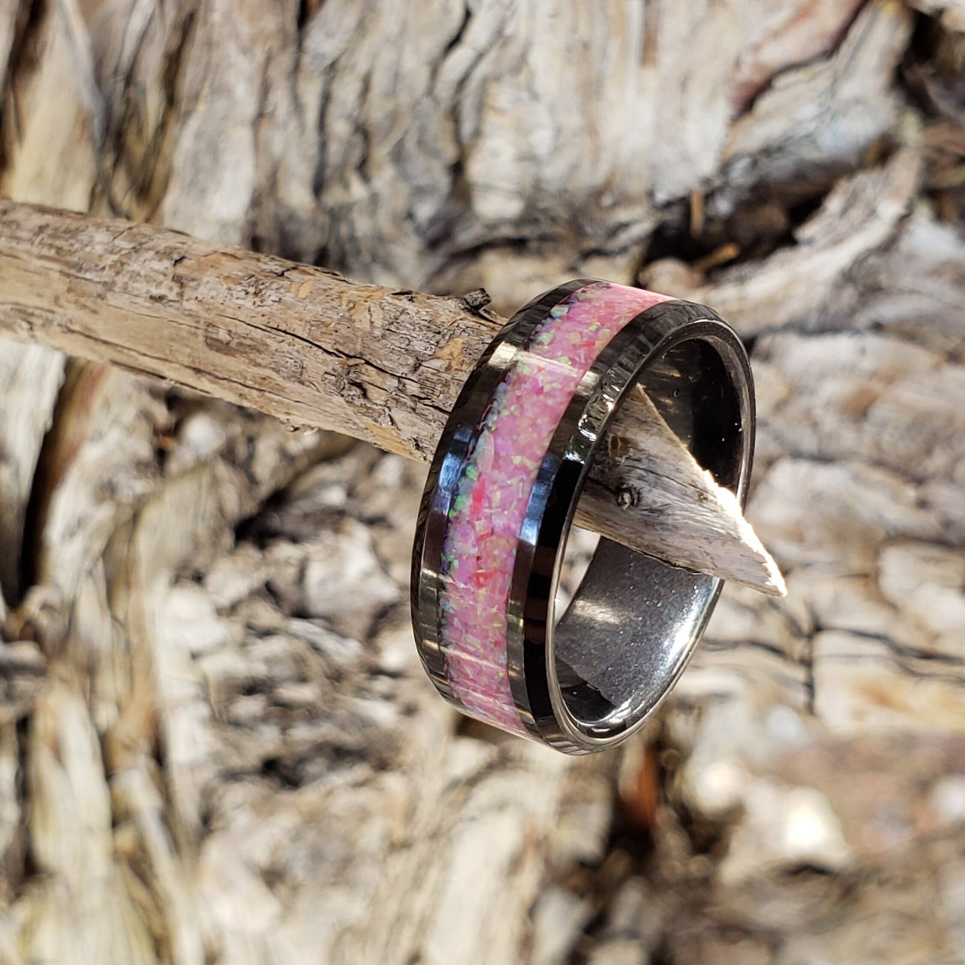 Pink Dream Opal Crystal Inlay Ring, Ceramic Band, Men & Women, Wedding Ring, His Hers Promise Ring, Engagement Ring