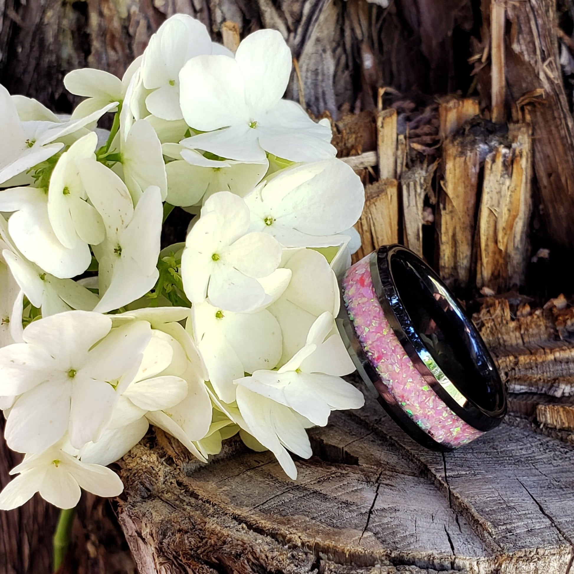 Pink Dream Opal Crystal Inlay Ring, Ceramic Band, Men & Women, Wedding Ring, His Hers Promise Ring, Engagement Ring