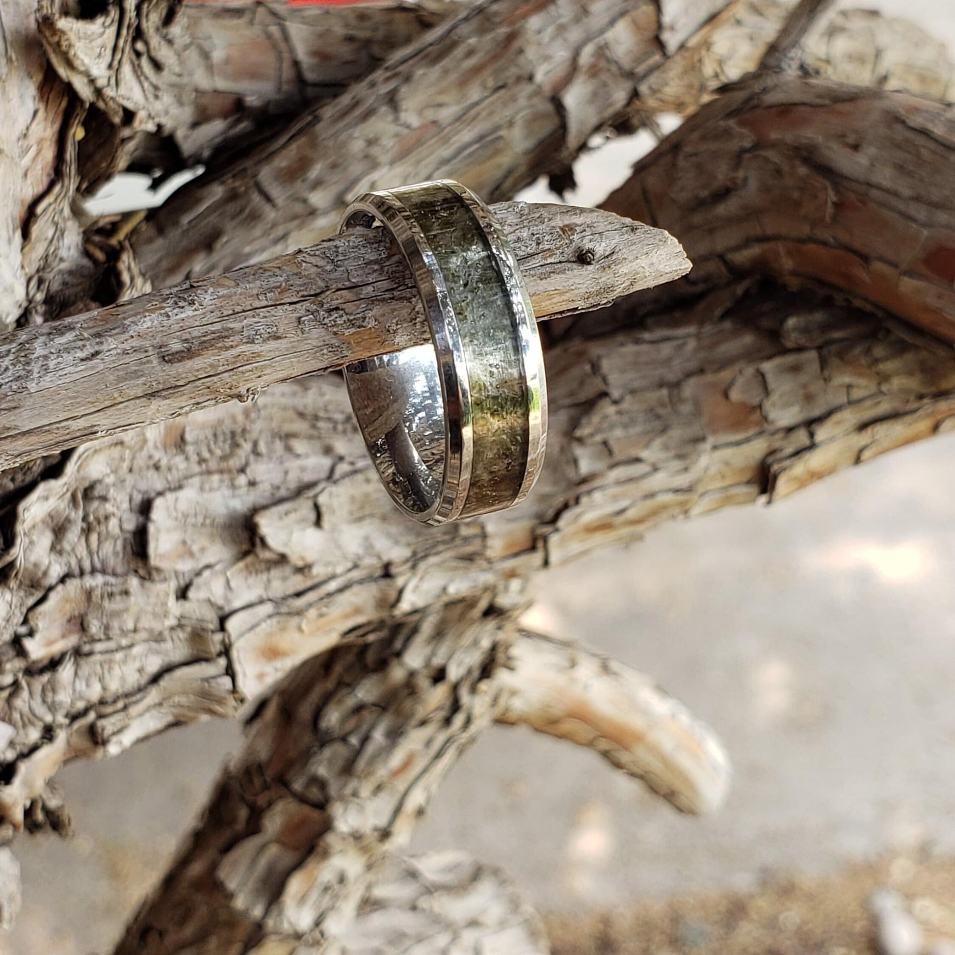 Moldavite Crystal Inlay Ring, Tungsten Carbide Titanium, Men & Women, Wedding Ring, His Hers Promise Ring, Engagement Ring