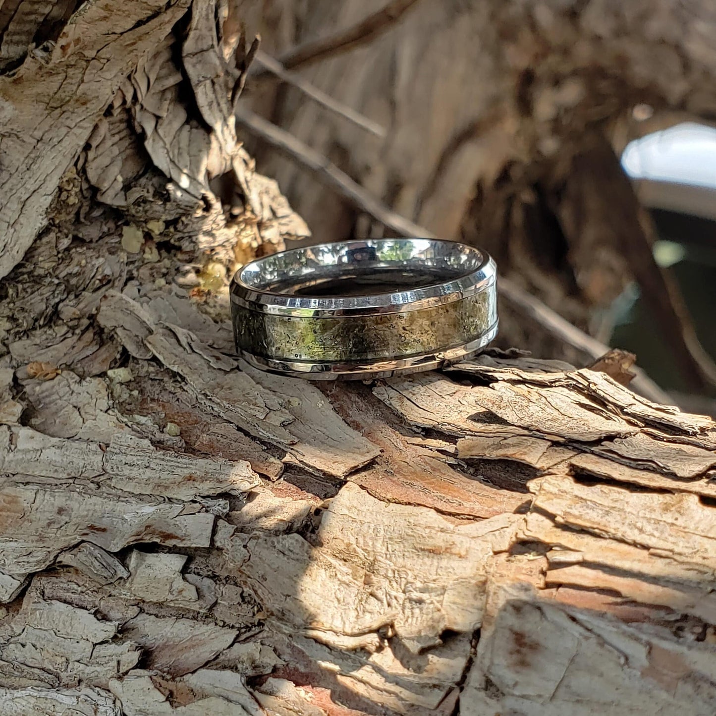Moldavite Crystal Inlay Ring, Tungsten Carbide Titanium, Men & Women, Wedding Ring, His Hers Promise Ring, Engagement Ring