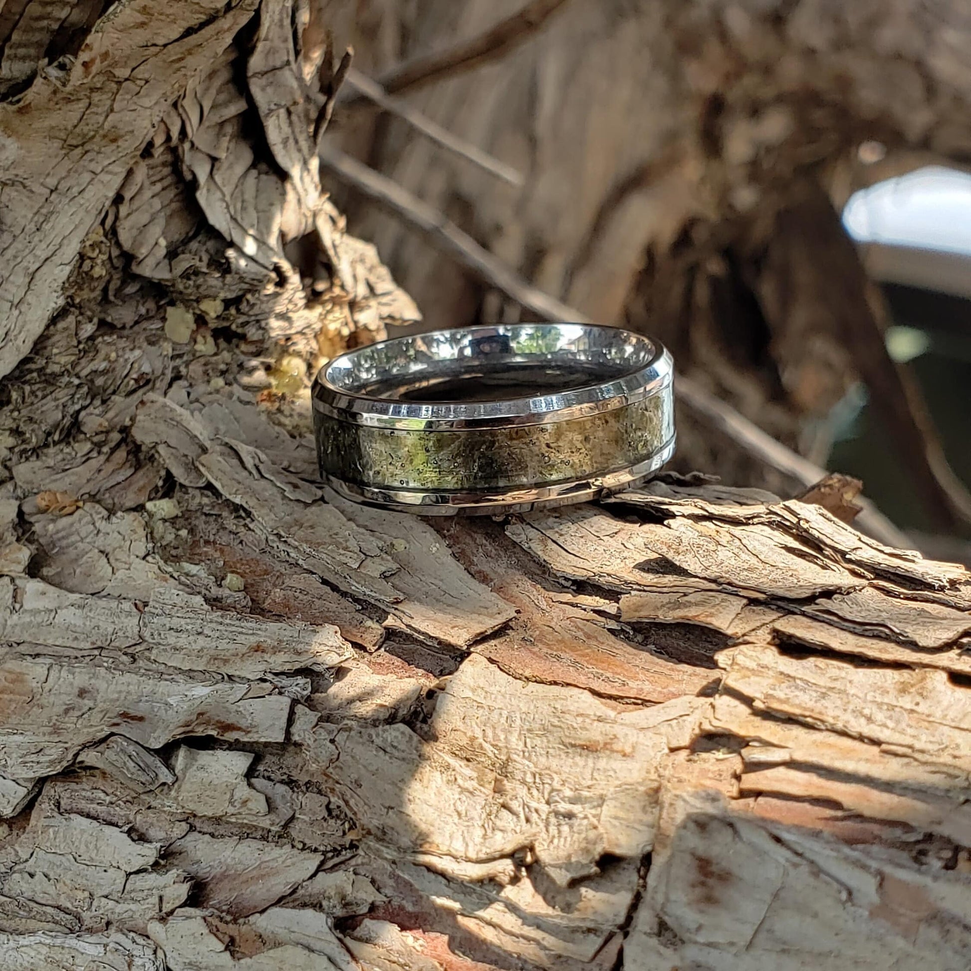 Moldavite Crystal Inlay Ring, Tungsten Carbide Titanium, Men & Women, Wedding Ring, His Hers Promise Ring, Engagement Ring