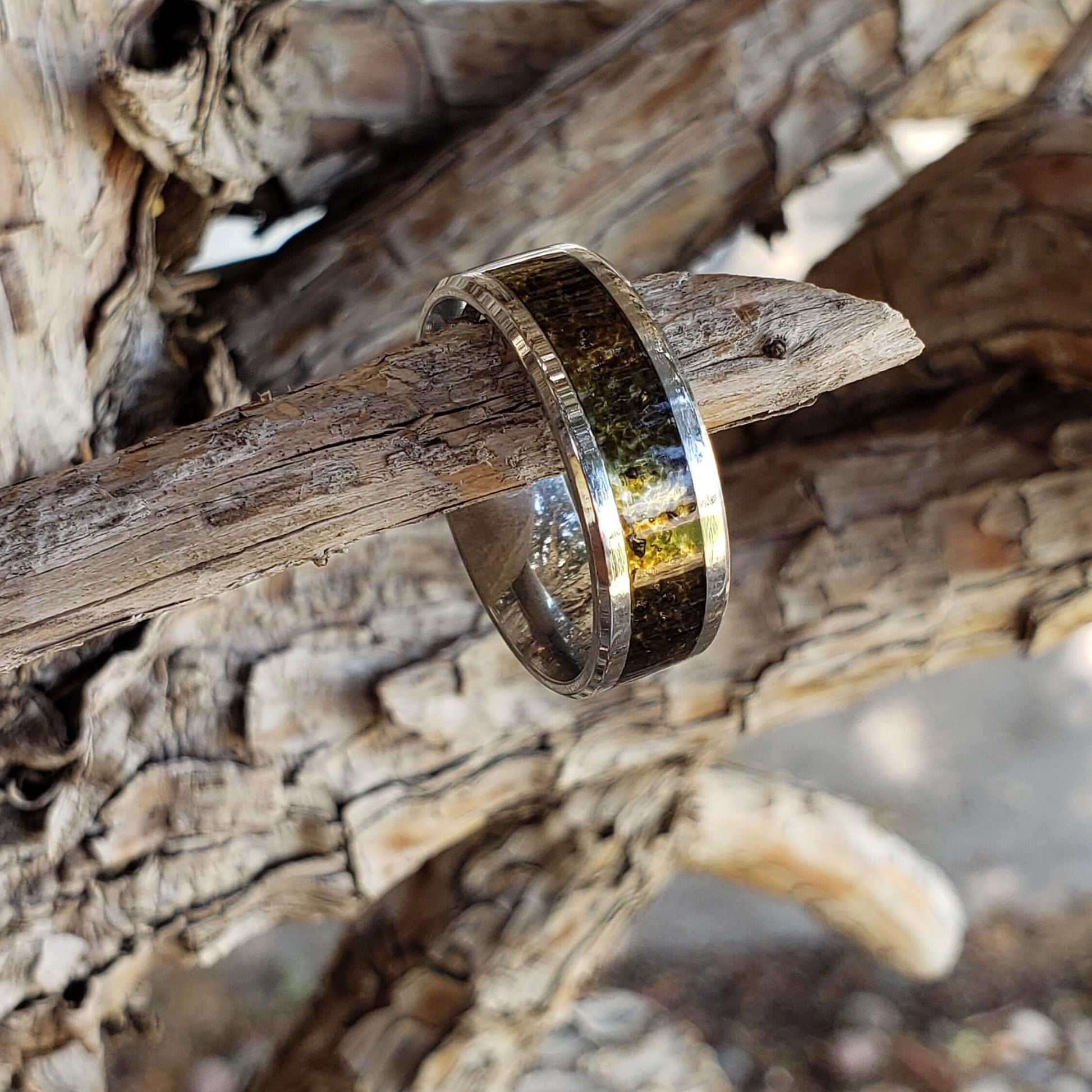 Tektite Crystal Inlay Ring, Tungsten Carbide Titanium Ceramic, Men & Women, Wedding Ring, His Hers Promise Ring, Engagement Ring, 8mm