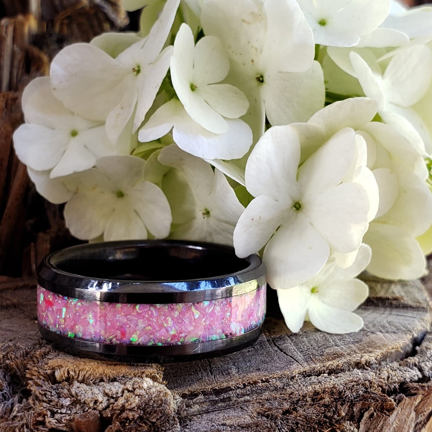 Pink Dream Opal Crystal Inlay Ring, Ceramic Band, Men & Women, Wedding Ring, His Hers Promise Ring, Engagement Ring